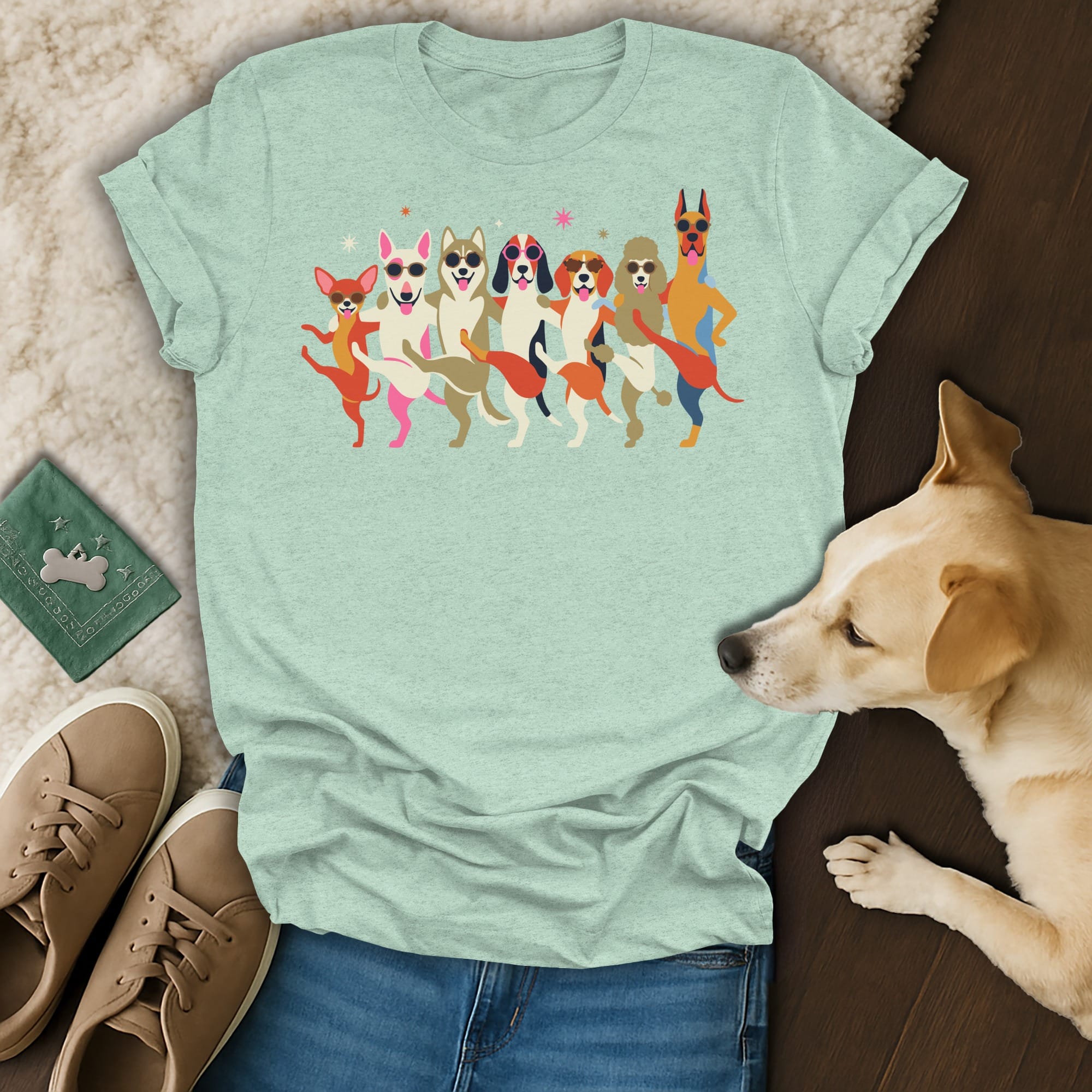 T-shirt with cartoon dogs wearing sunglasses and dancing