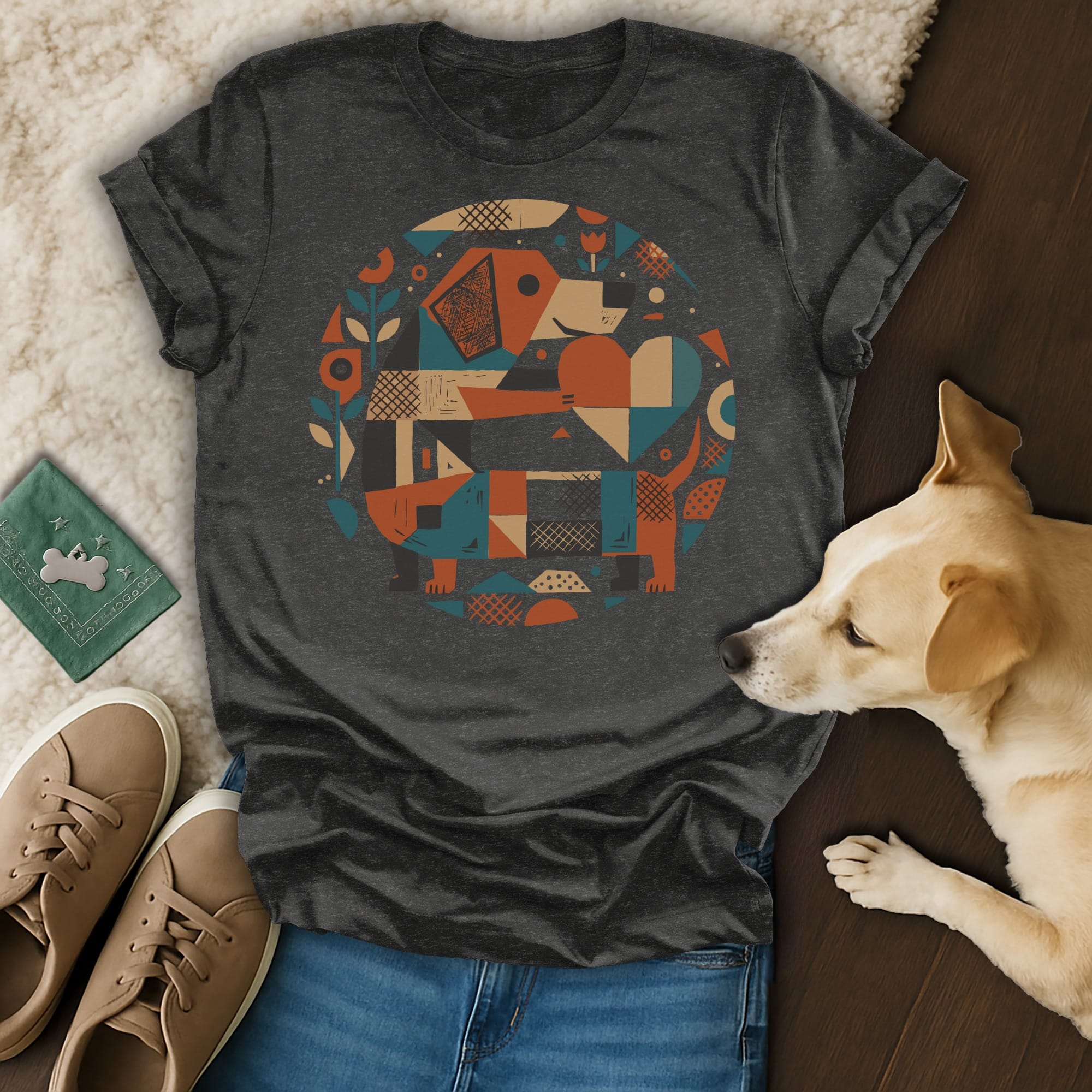 Dark t-shirt with a geometric dog and floral design, lay flat with dog and shoes.