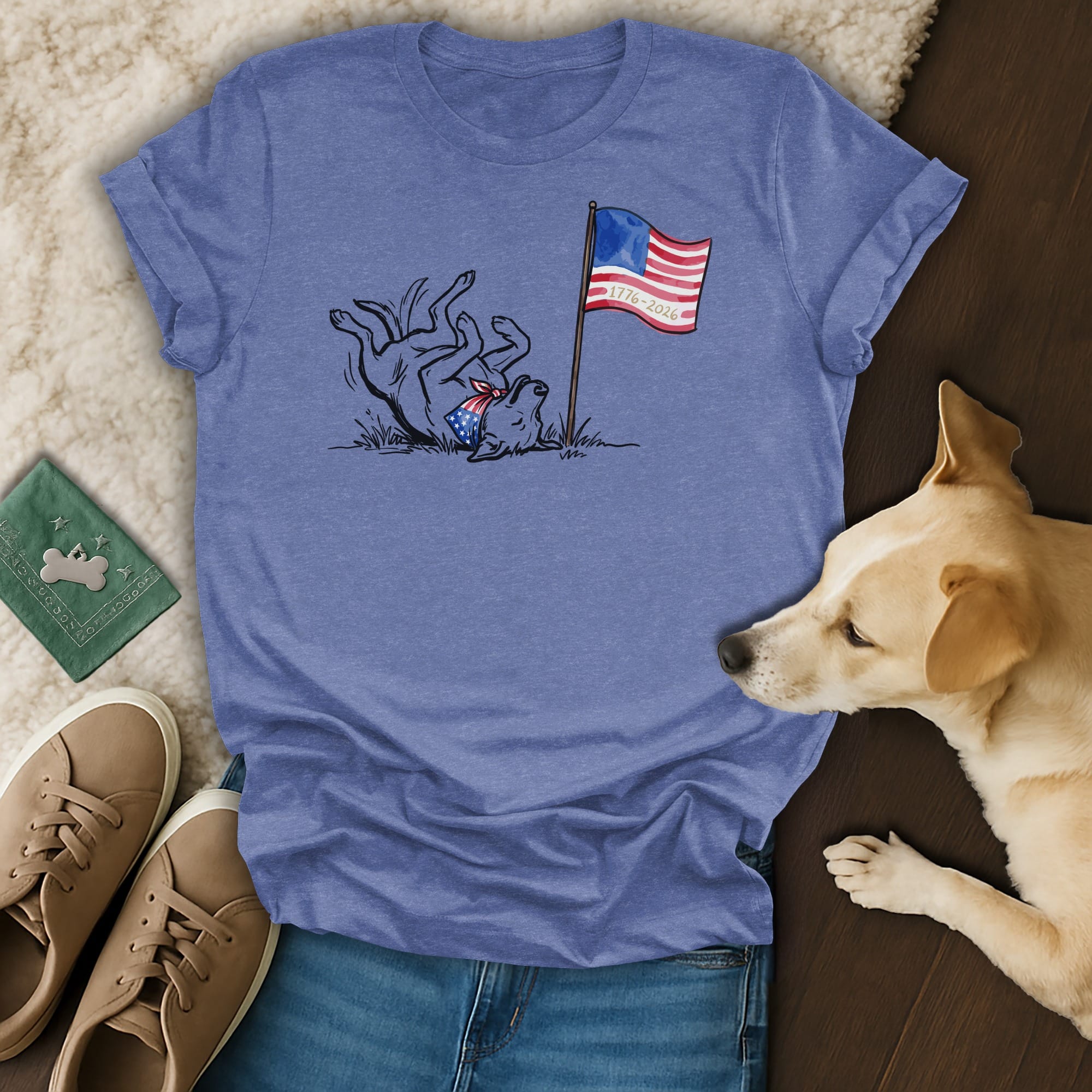 Dog in patriotic bandana rolls near American flag and "1776-2026" text.