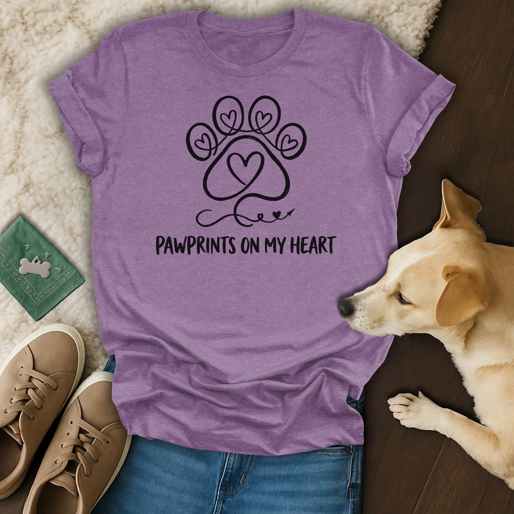 Purple t-shirt with paw print heart design and "Pawprints on my Heart" text.