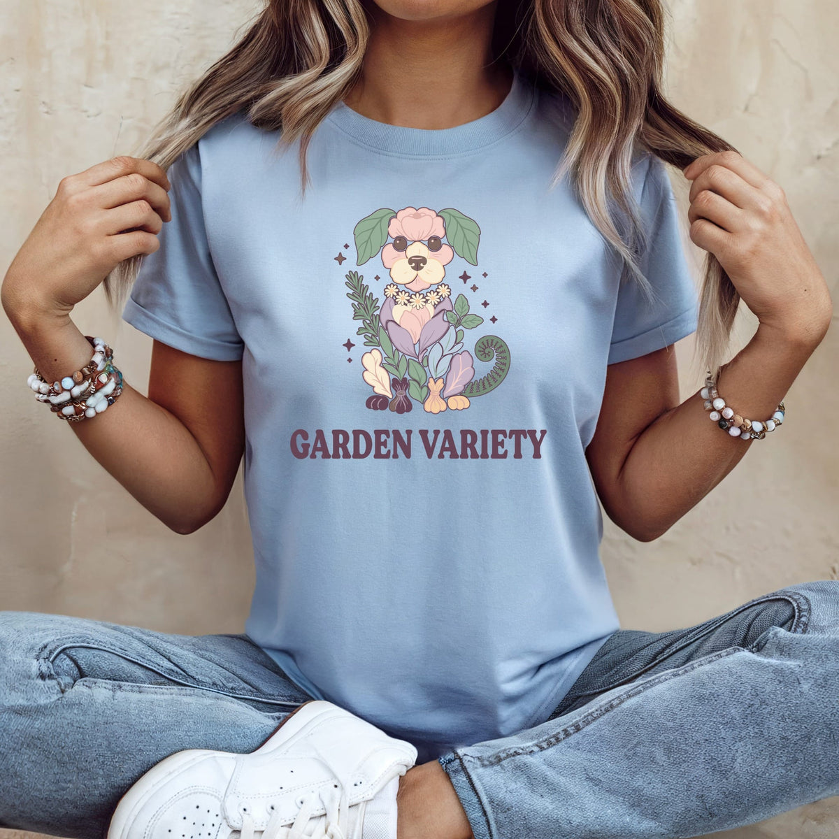 Light blue t-shirt with cartoon dog graphic and "GARDEN VARIETY" text.