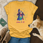 Yellow t-shirt with colorful abstract dog howling and "shake it off" text.