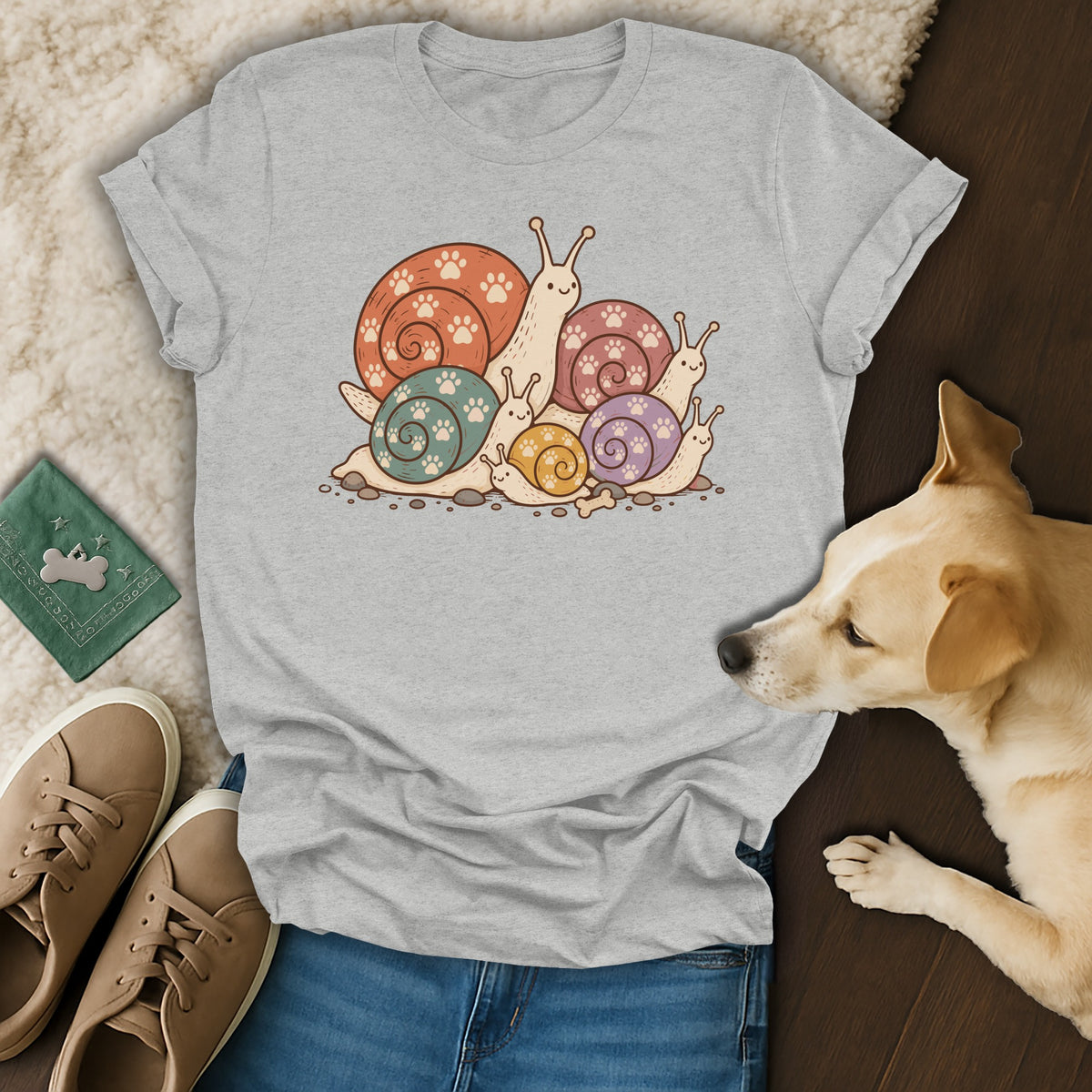 Grey short-sleeve t-shirt featuring a cartoon graphic of colorful snails with paw print shells, laid on a flat surface next to a small dog, shoes, and jeans.