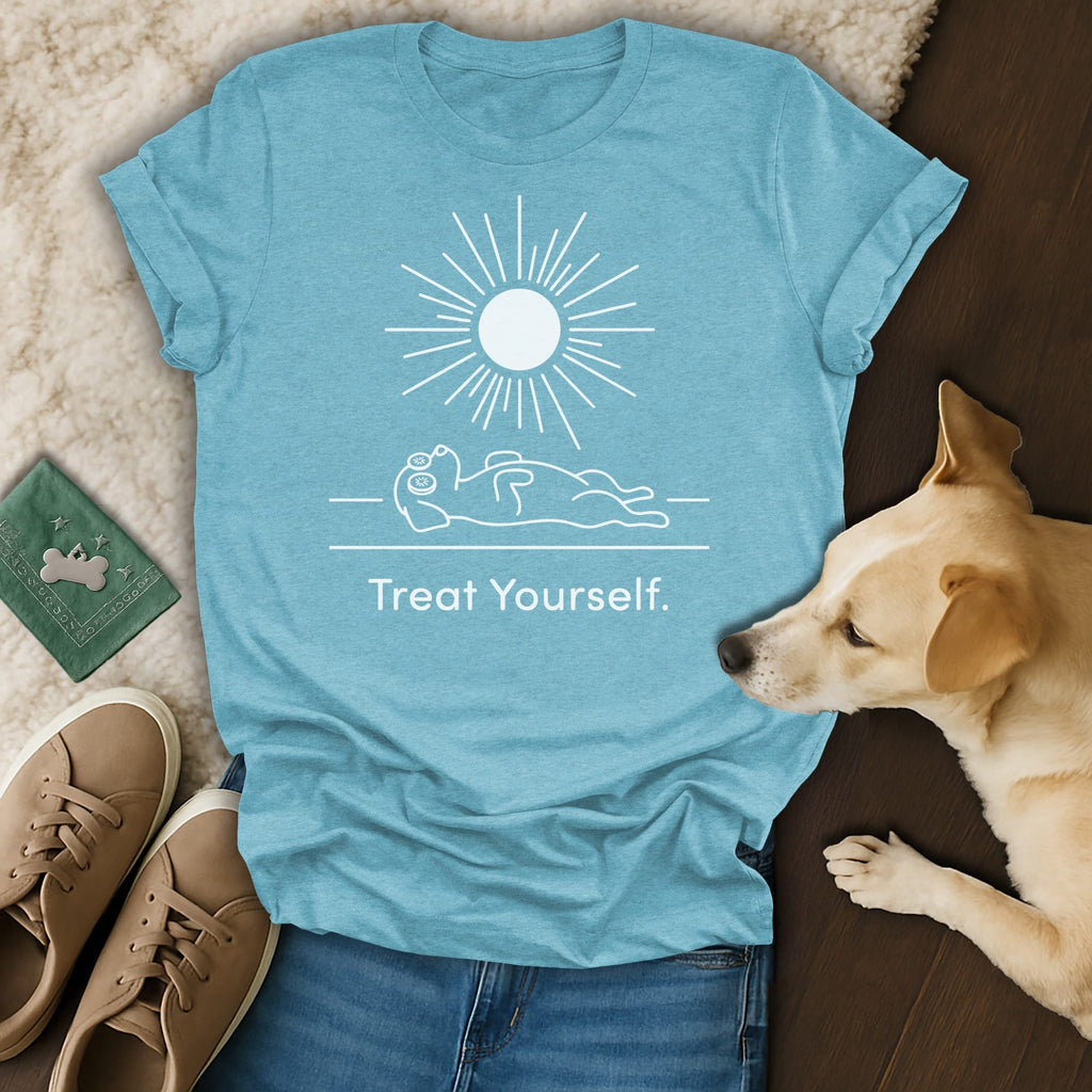 Blue t-shirt with dog under sun graphic and "Treat Yourself." text.