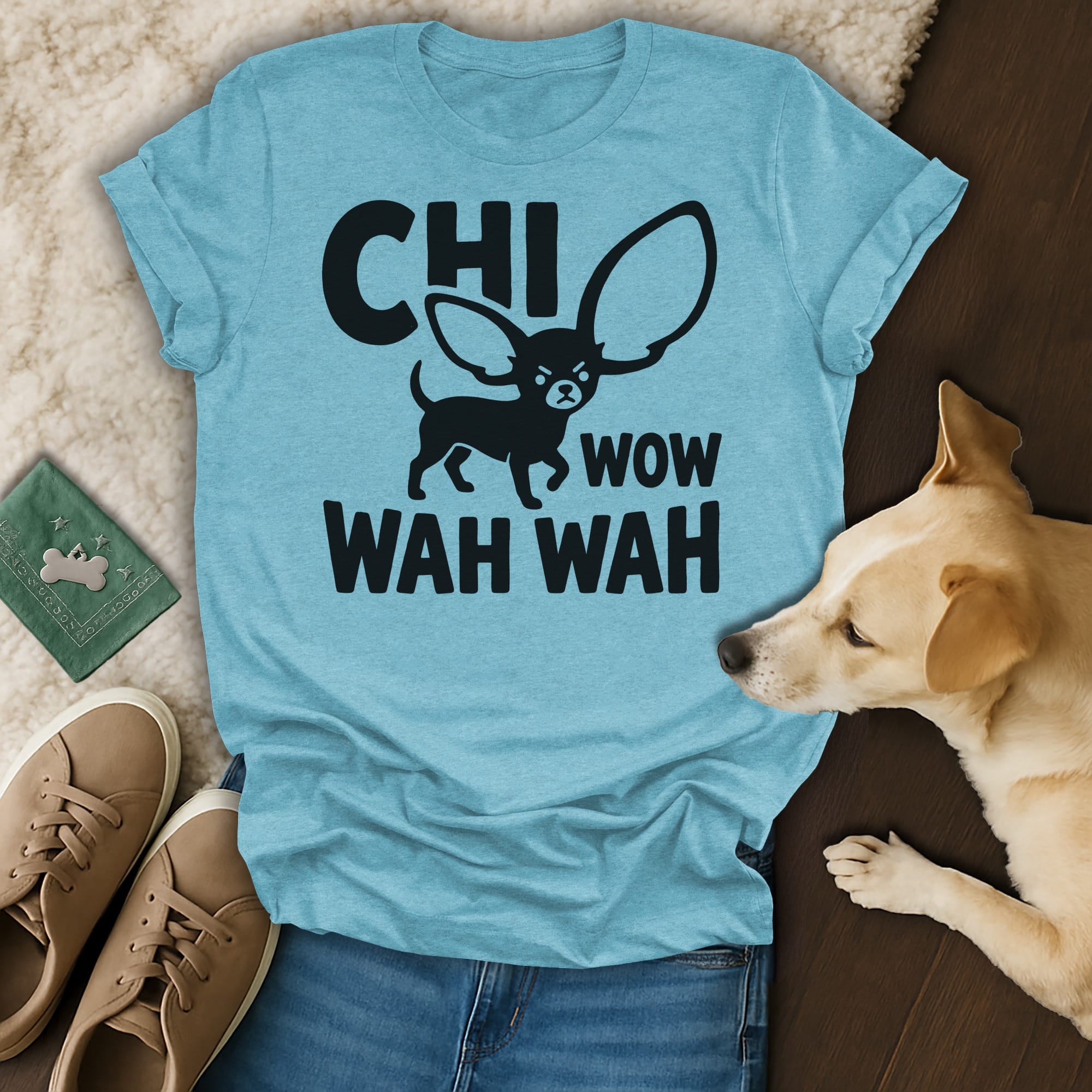Light blue t-shirt with "CHI WOW WAH WAH" and a chihuahua graphic.