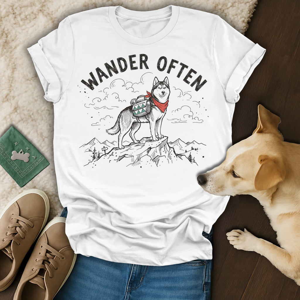 White t-shirt with "Wander Often" text and a husky on a mountain.
