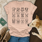 T-shirt with drawings and names of 12 dog breeds.