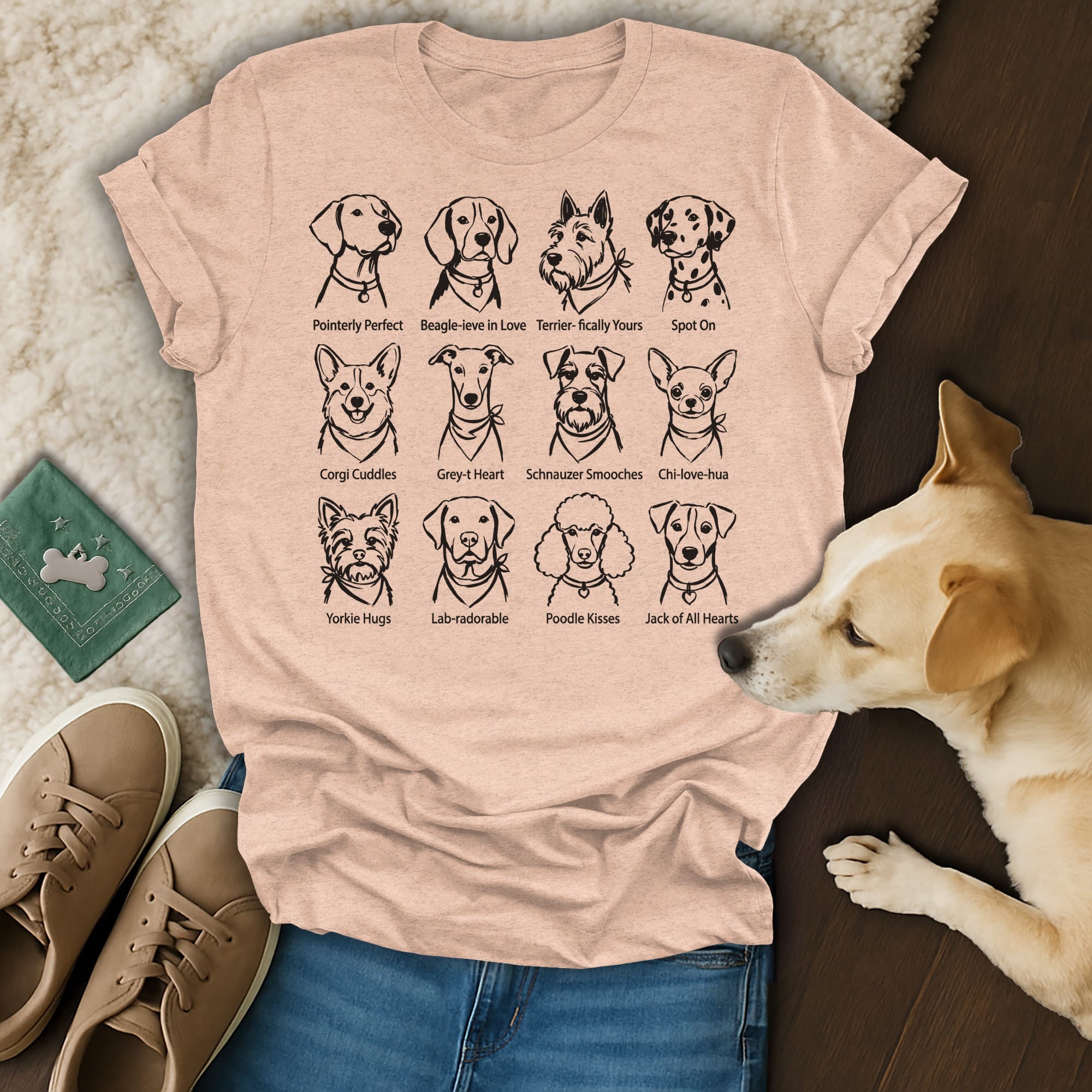 T-shirt with drawings and names of 12 dog breeds.