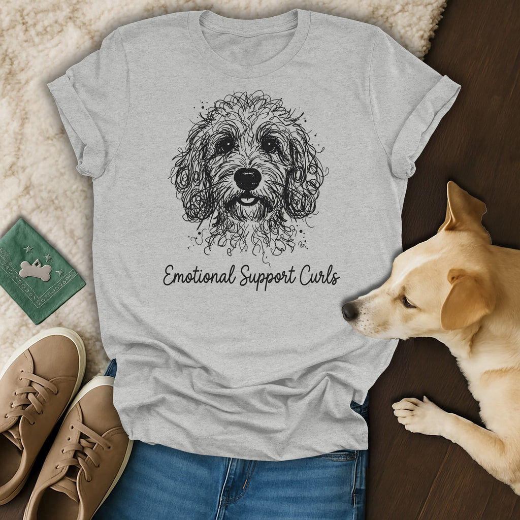 Grey t-shirt with a doodle dog graphic and text "Emotional Support Curls".