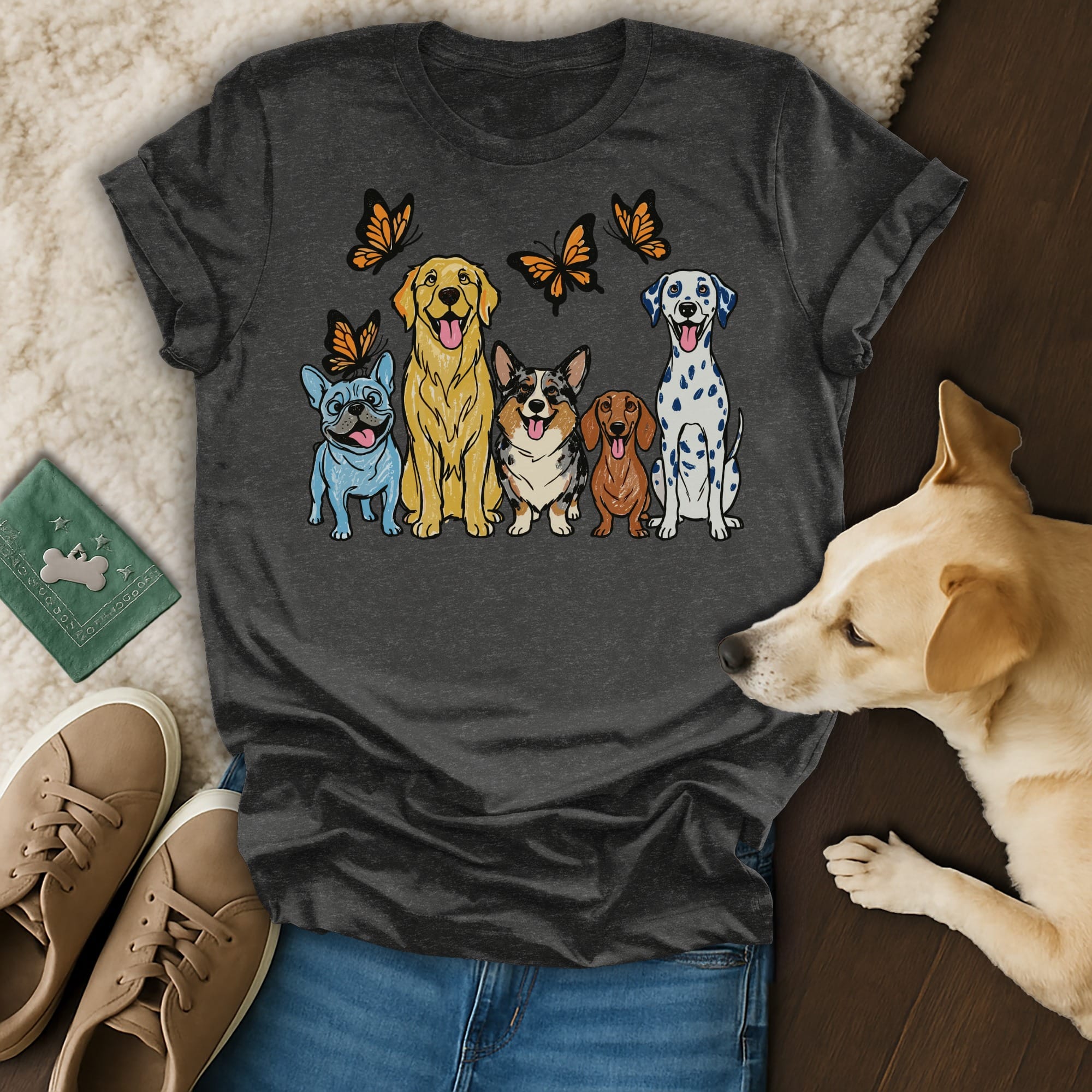 Five dogs and four butterflies on a dark grey t-shirt.