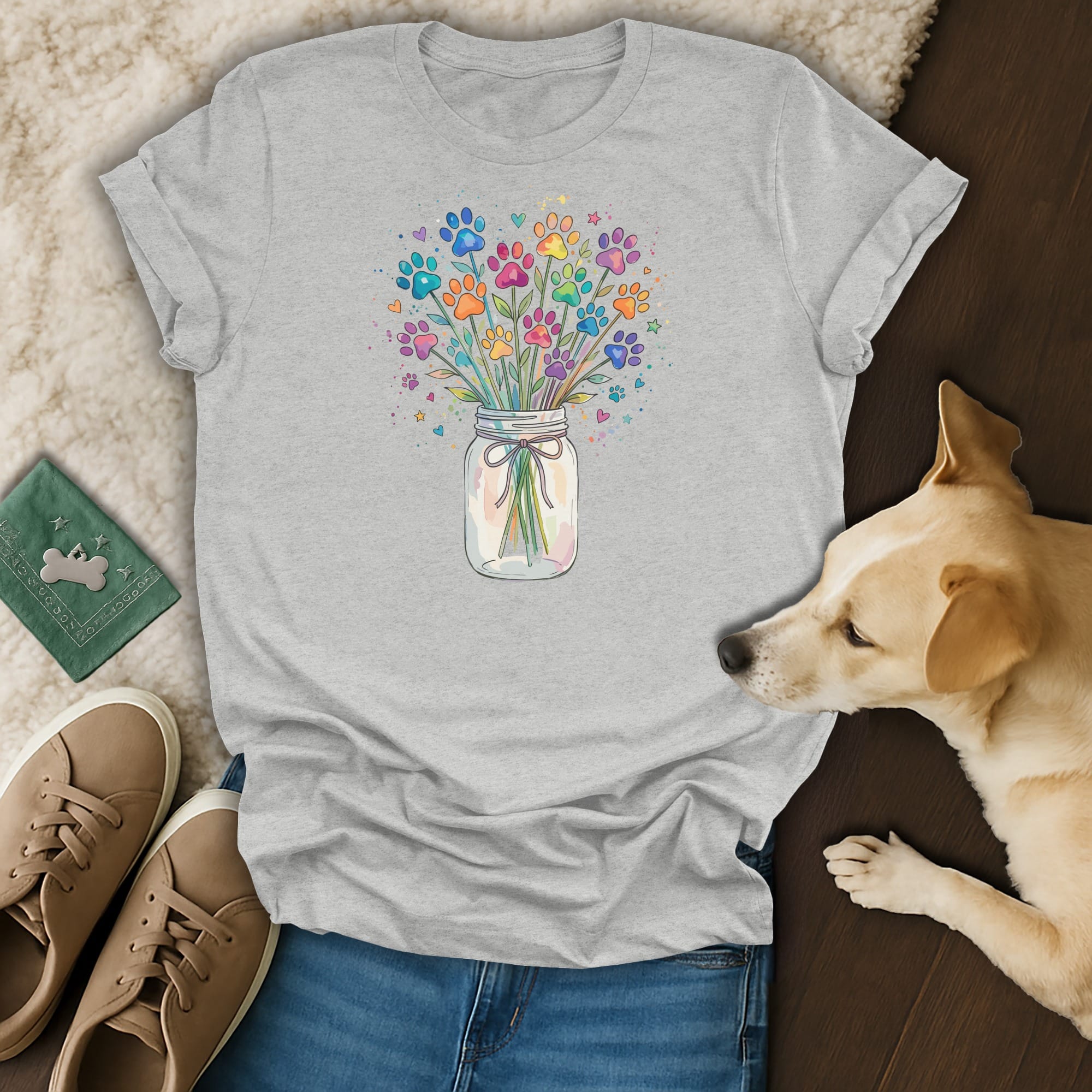 T-shirt with a watercolor bouquet of colorful paw prints in a mason jar.