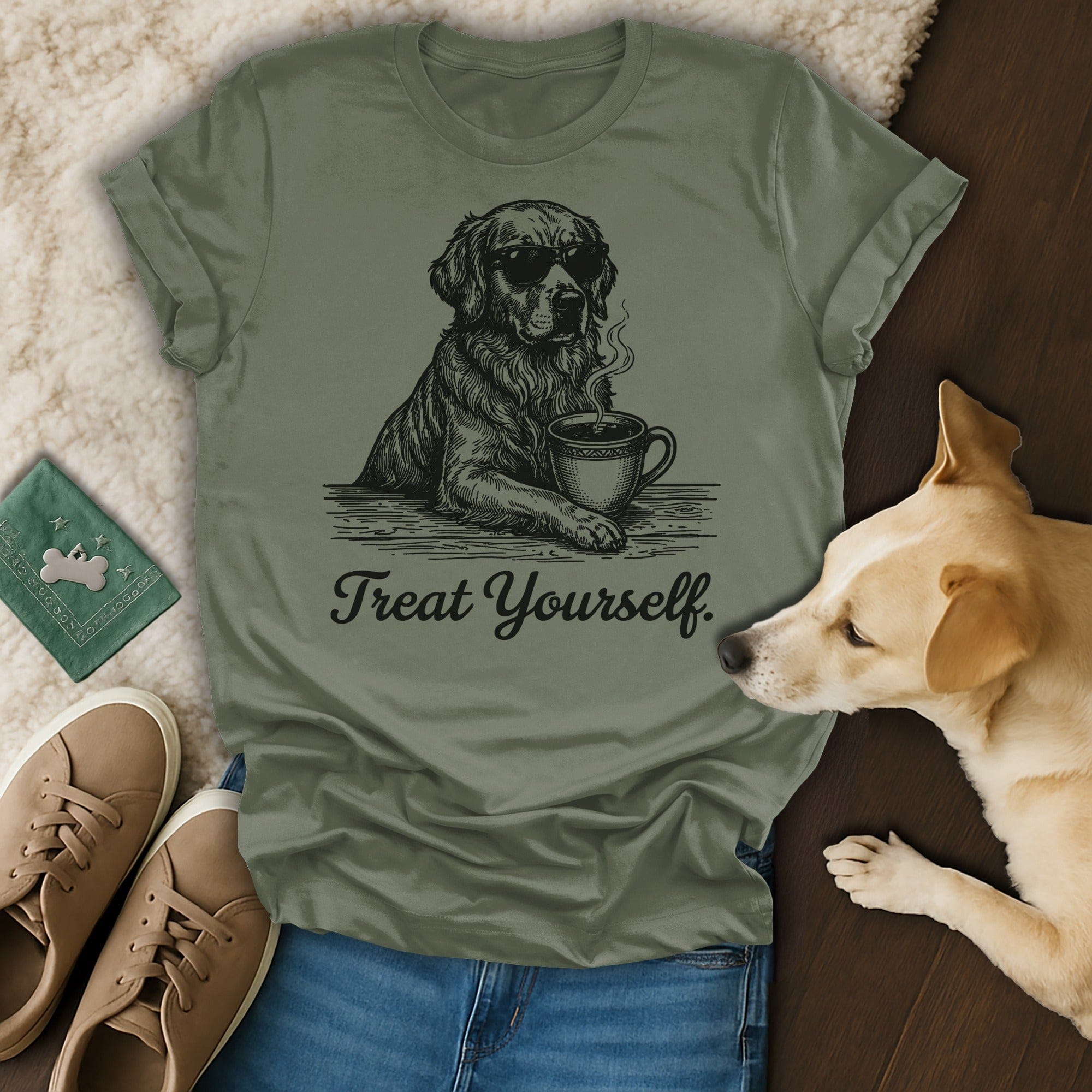 Cool Dog Sunglasses Coffee Treat Yourself product type
Golden Retriever
Dog lover
Canine design
Pet graphic
Coffee cup
Steaming mug
Sunglasses dog
Cool dog art
Treat Yourself
Slogan shirt
Animal print
Humorous dog
Dog apparel
Unique design
Gift dog owner
Casual top
Graphic tee
Pet parent
Dog coffee
Relaxed style