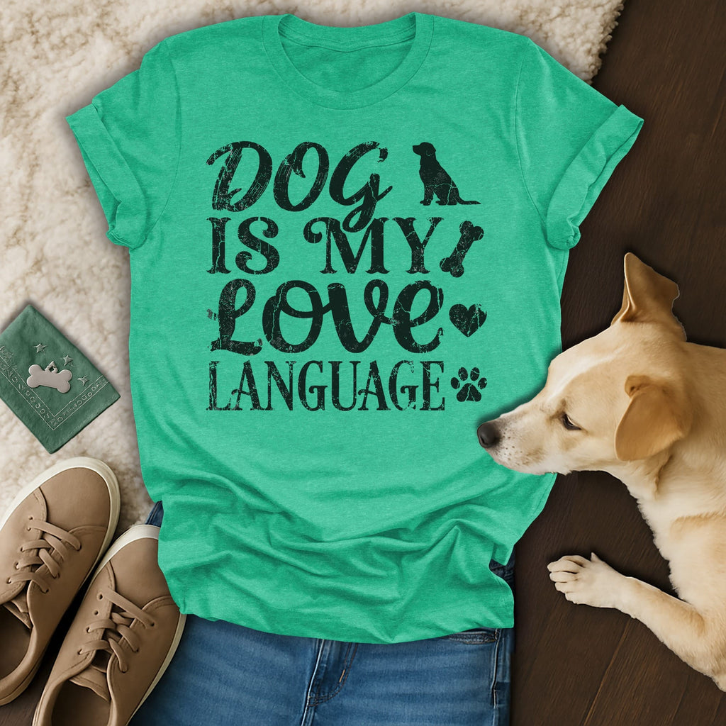 Green t-shirt with "Dog is My Love Language" text and dog paw graphic.