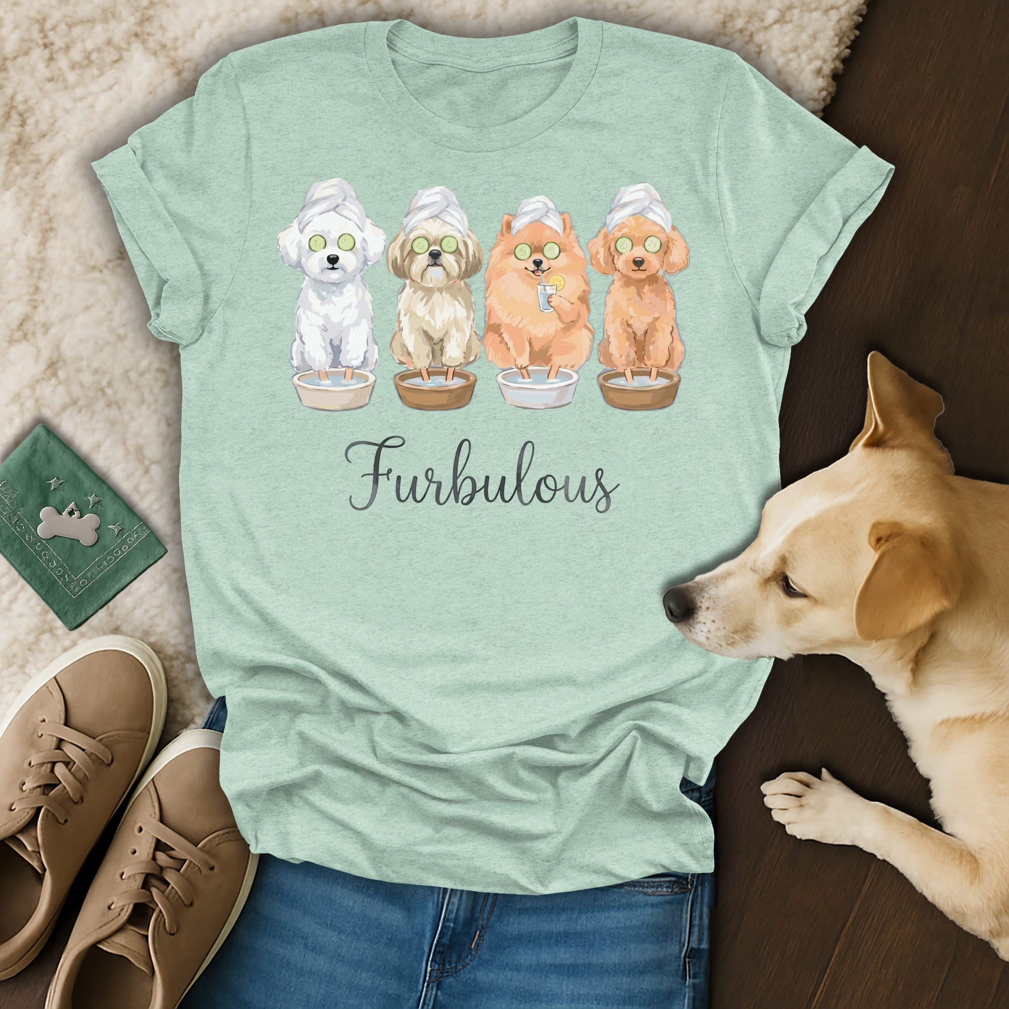 Four dogs wearing spa towels and cucumbers on their eyes, with "Furbulous" text.
