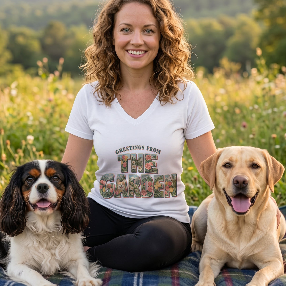 A smiling woman in a white V-neck t-shirt sits outdoors flanked by two dogs.