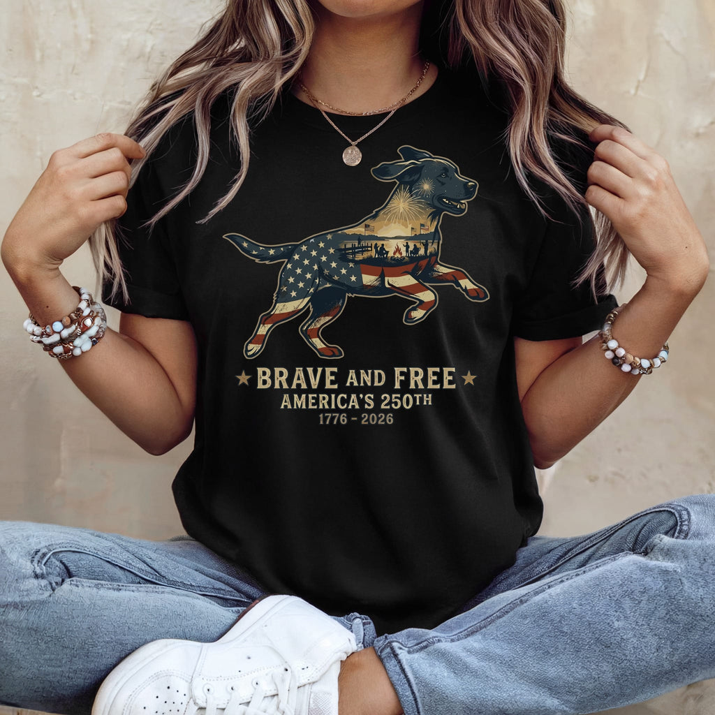 Black t-shirt with American flag dog, "Brave and 250th 1776-2026".