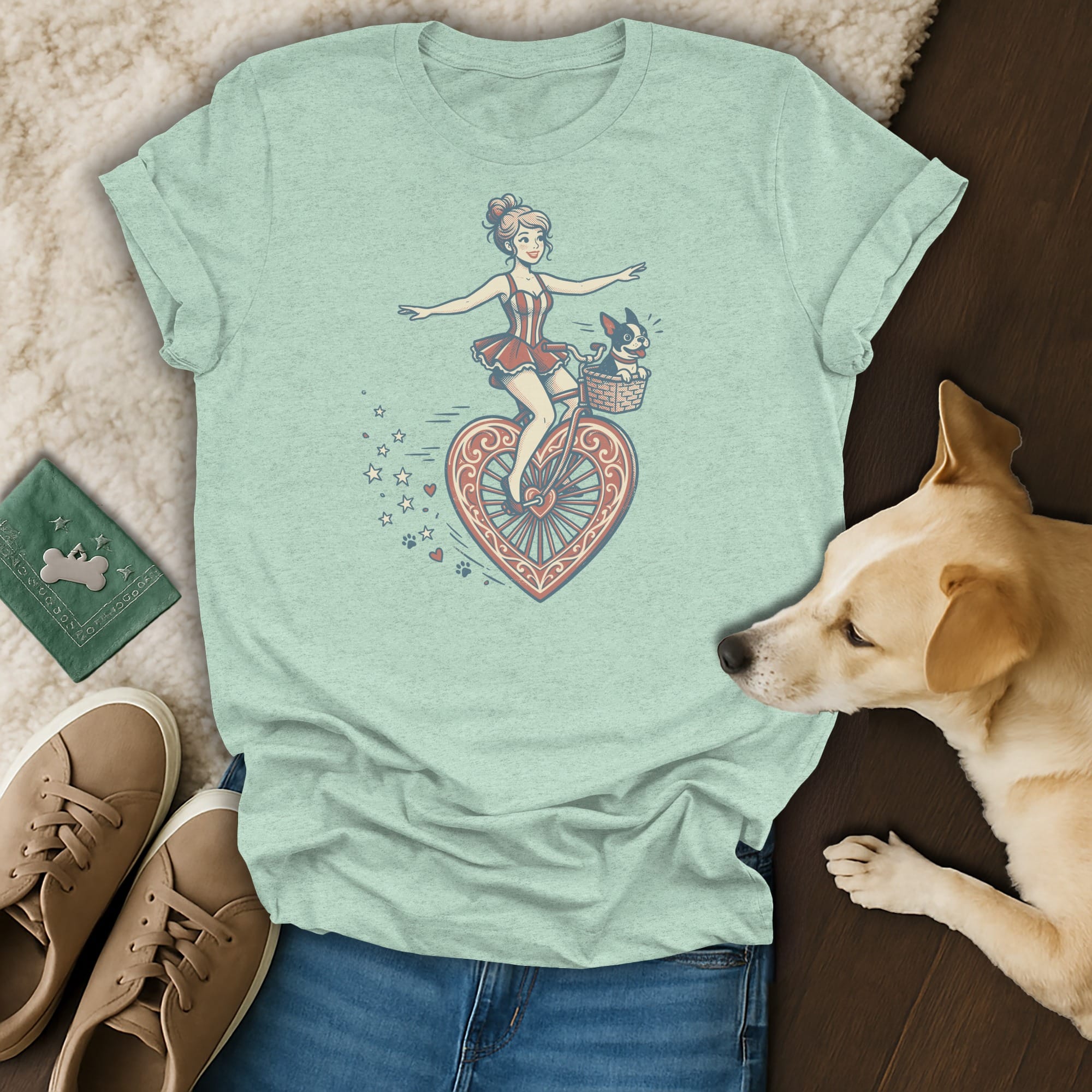 Girl riding heart bicycle with dog in basket, stars, and paw prints.