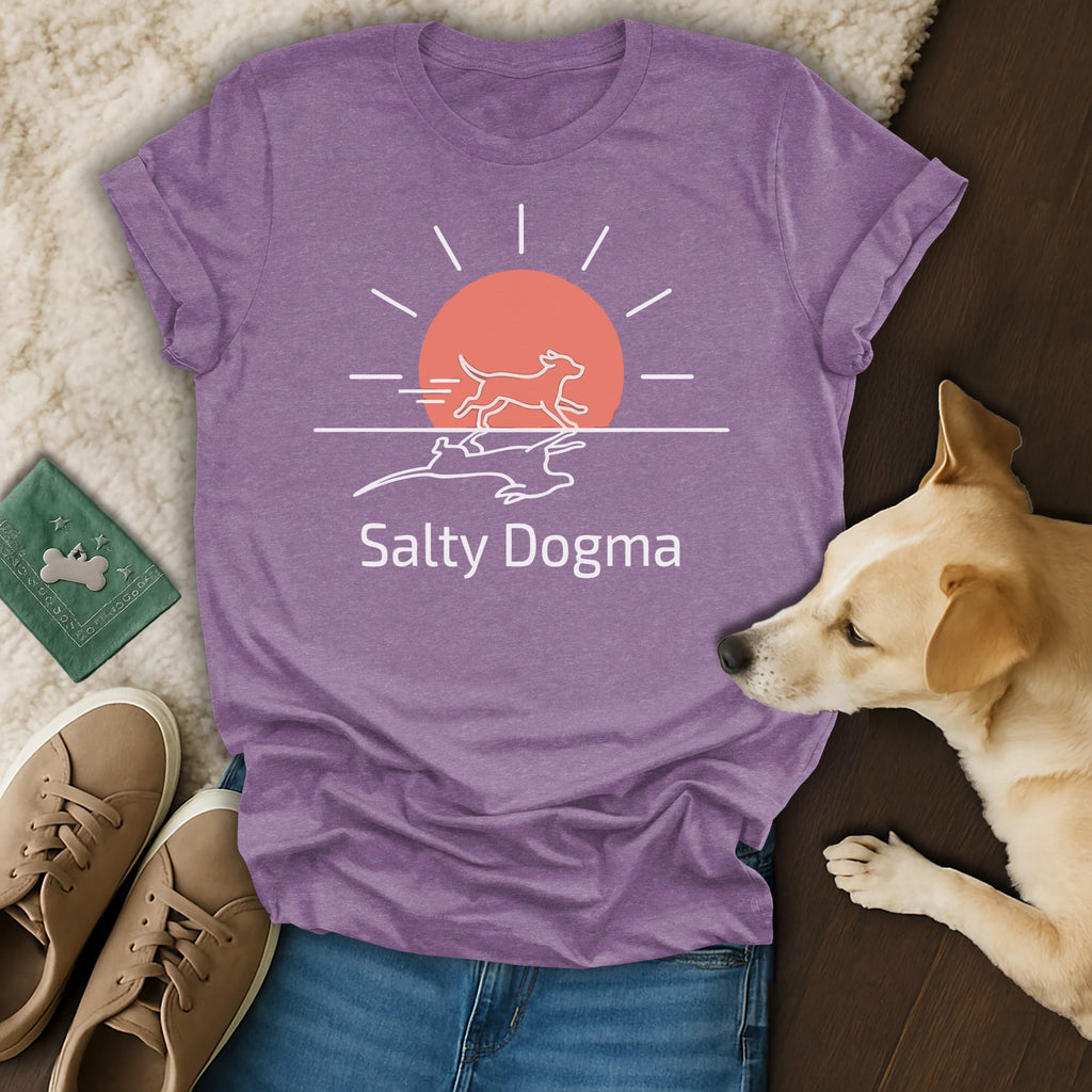Purple t-shirt with Salty Dogma logo, a sun, a dog, and two rabbits.