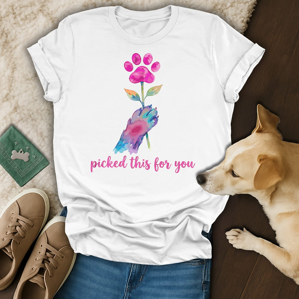 Watercolor paw print flower held by hand with text "picked this for you".