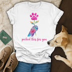 Watercolor paw print flower held by hand with text "picked this for you".