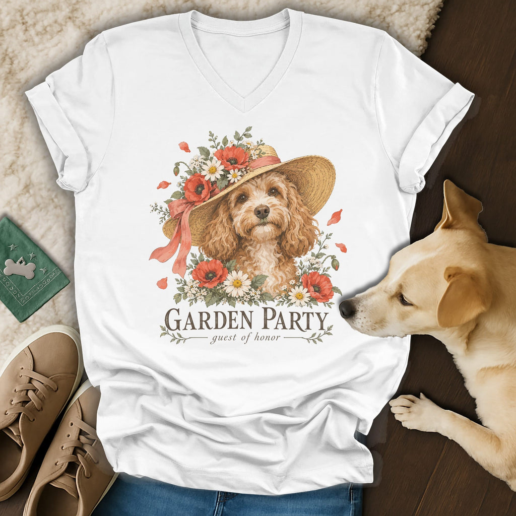 A white V-neck t-shirt featuring a graphic of a poodle wearing a floral sun hat and the text "Garden Party."