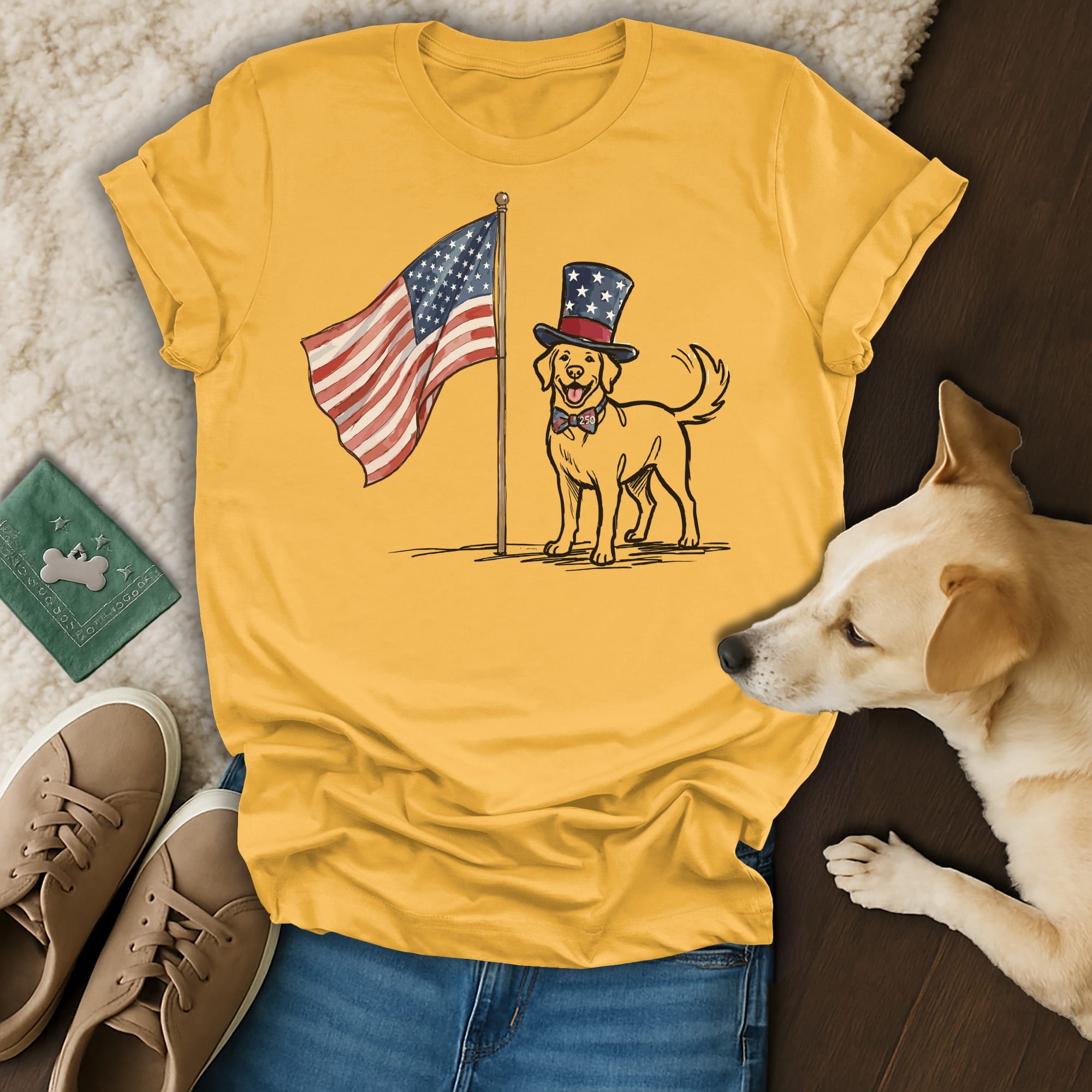 Yellow t-shirt with a dog wearing a top hat and a bow tie, holding an American flag.