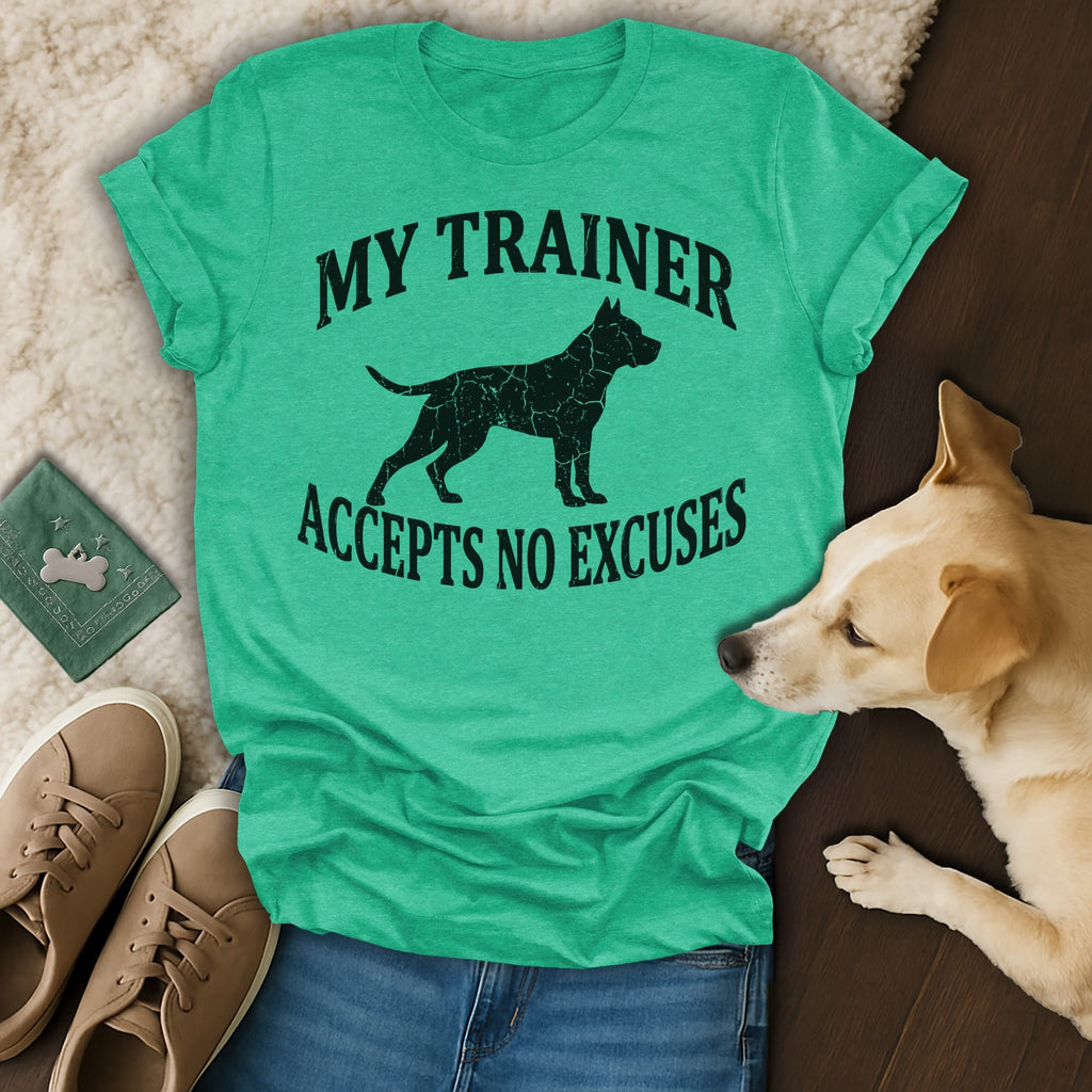 Green t-shirt with a dog silhouette and "My Trainer Accepts No Excuses" text.