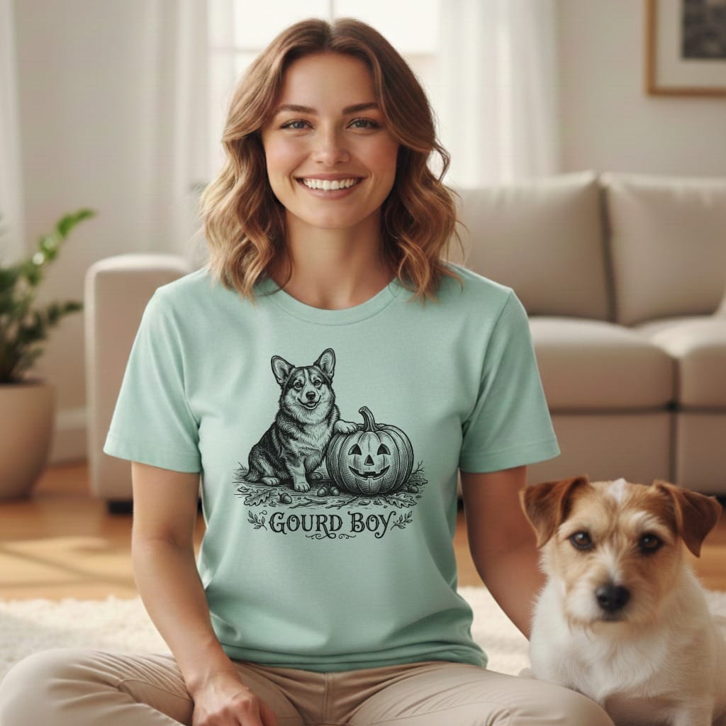 Light mint t-shirt with a corgi and jack-o'-lantern design and "Gourd Boy" text.