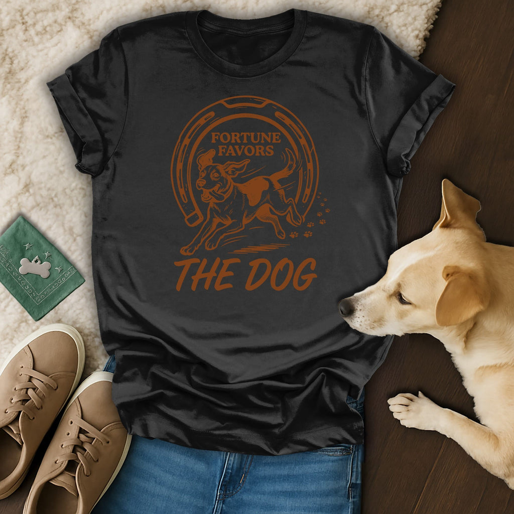 Black t-shirt with "Fortune Favors The Dog" text and dog graphic.