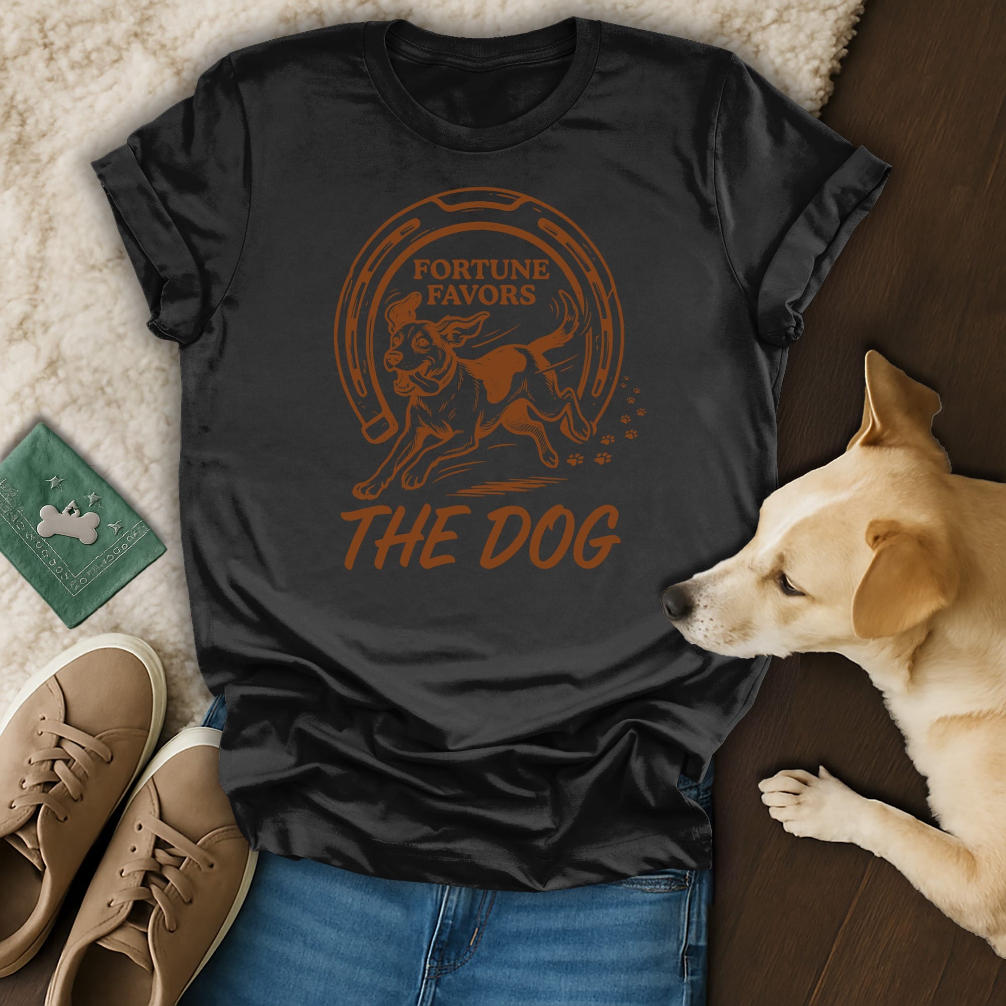 Black t-shirt with "Fortune Favors The Dog" text and dog graphic.