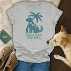 Light gray t-shirt with teal dog and palm tree graphic and text.
