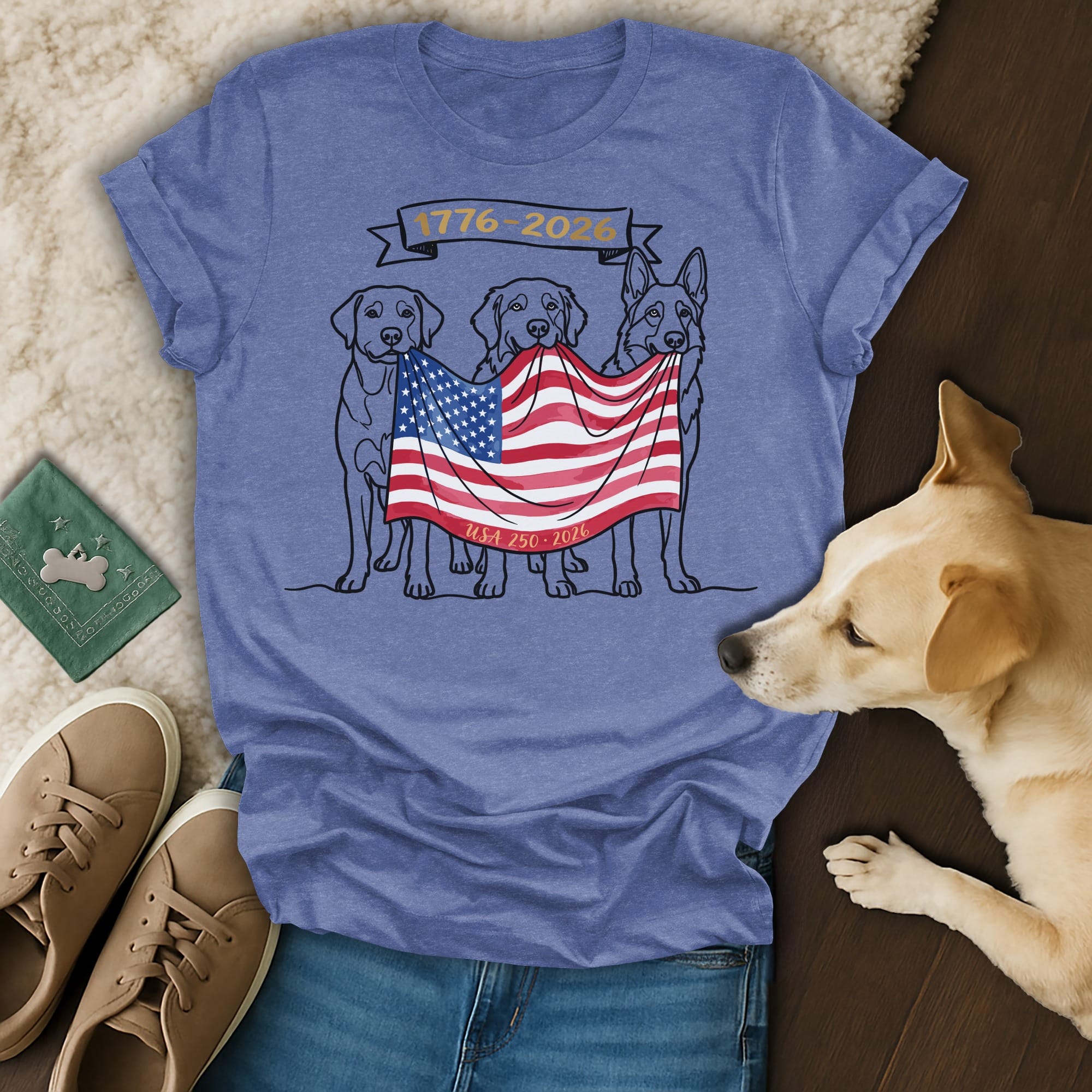 T-shirt with dogs holding a US flag, commemorating 1776-2026.