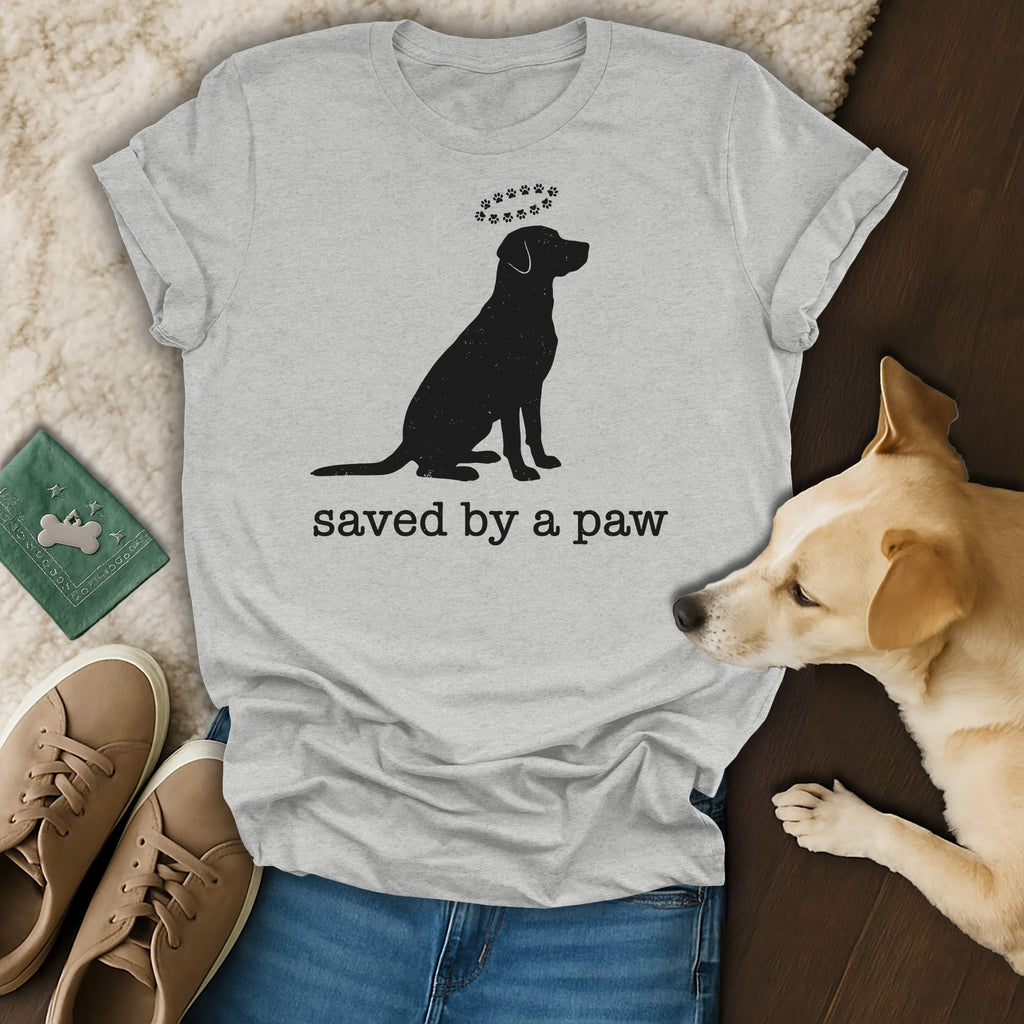 T-shirt with a black dog silhouette and "Saved by a Paw" text.