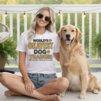 Woman with Golden Retriever wearing "World's Okayest Dog Trainer" t-shirt.