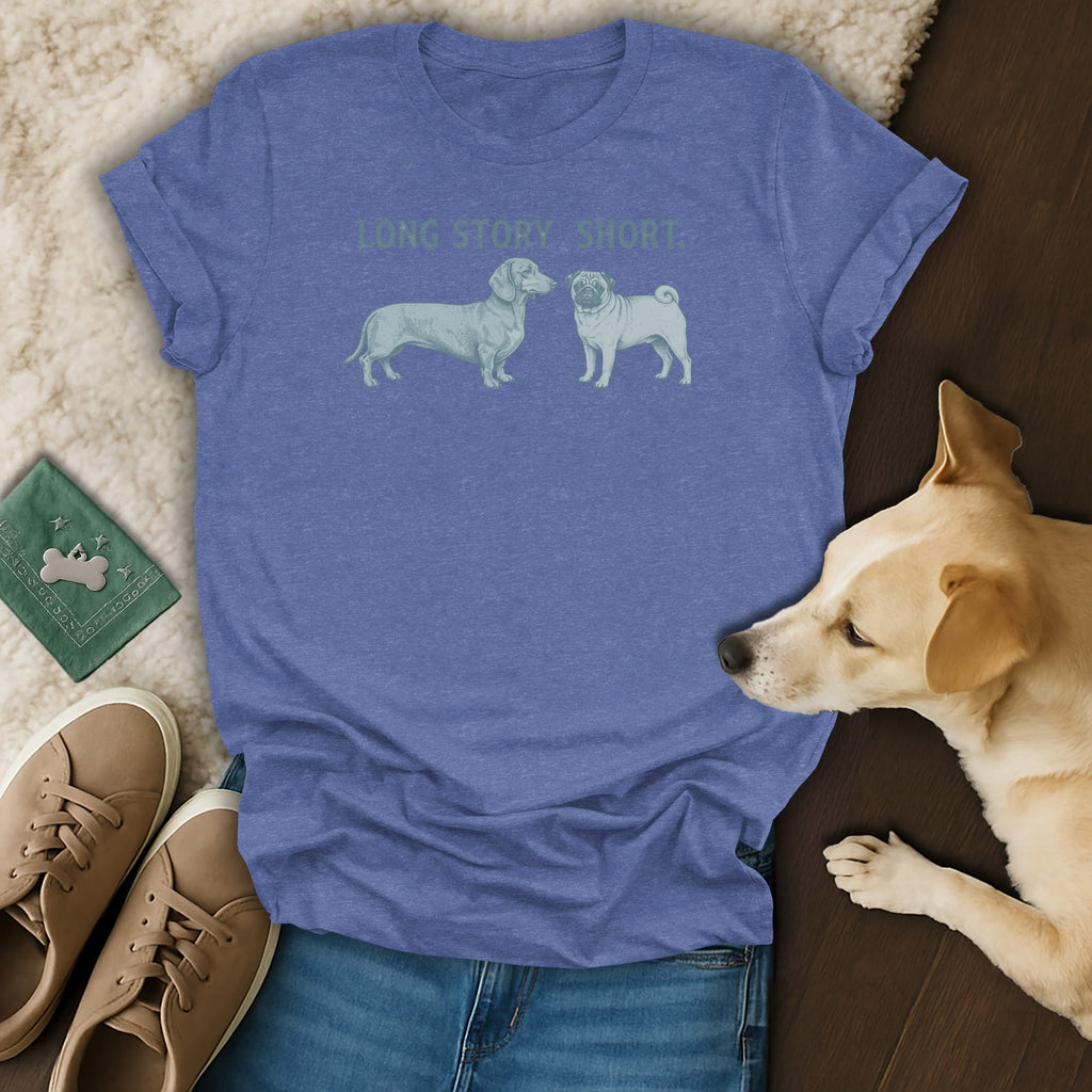 Blue t-shirt with "LONG STORY SHORT" text and dachshund and pug graphics.