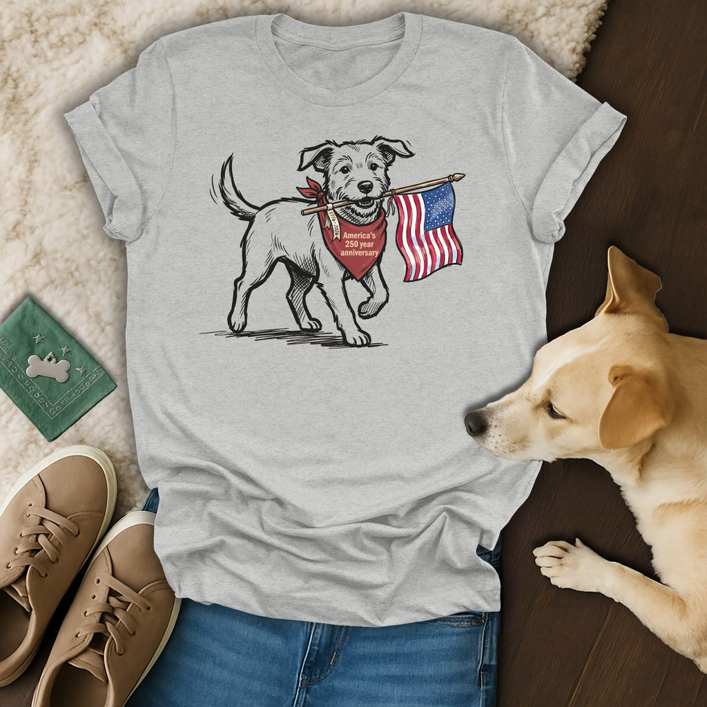 Dog with American flag bandana and miniature flag in mouth.