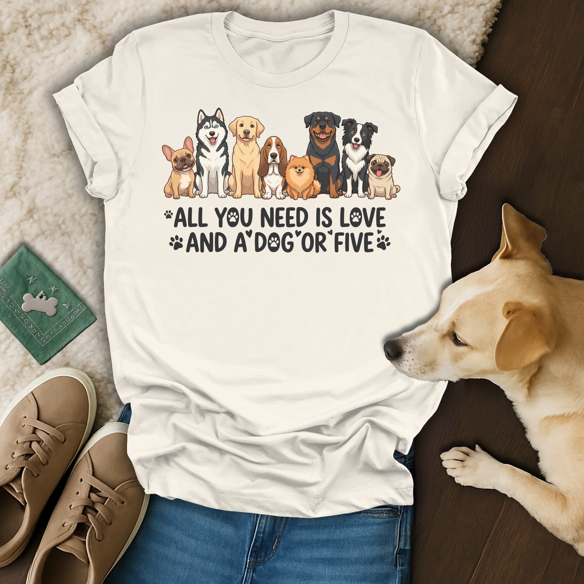 T-shirt with illustration of seven dogs and text: All you need is love and a dog or five.