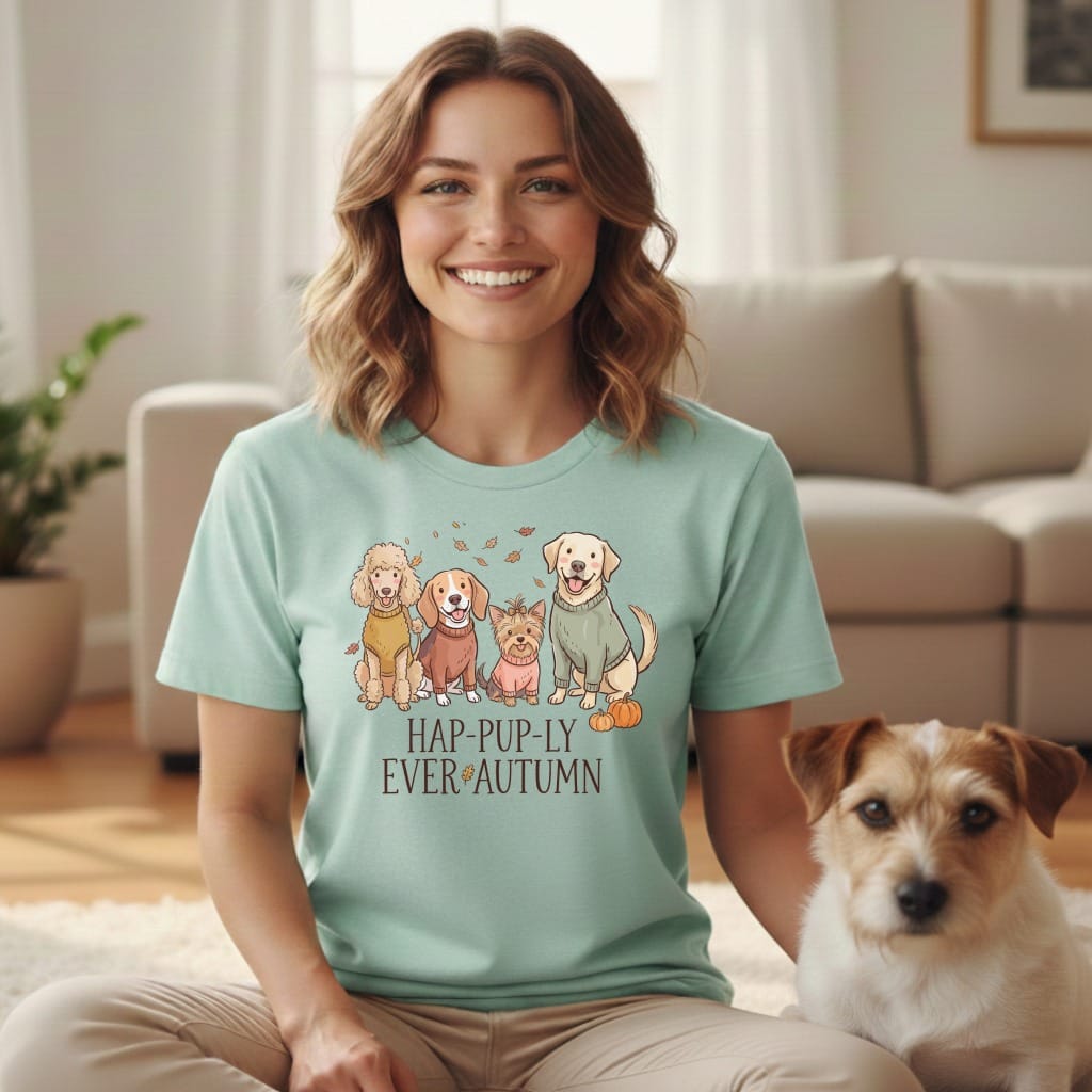 Light teal t-shirt with four dogs and text "HAP-PUP-LY EVER AUTUMN".