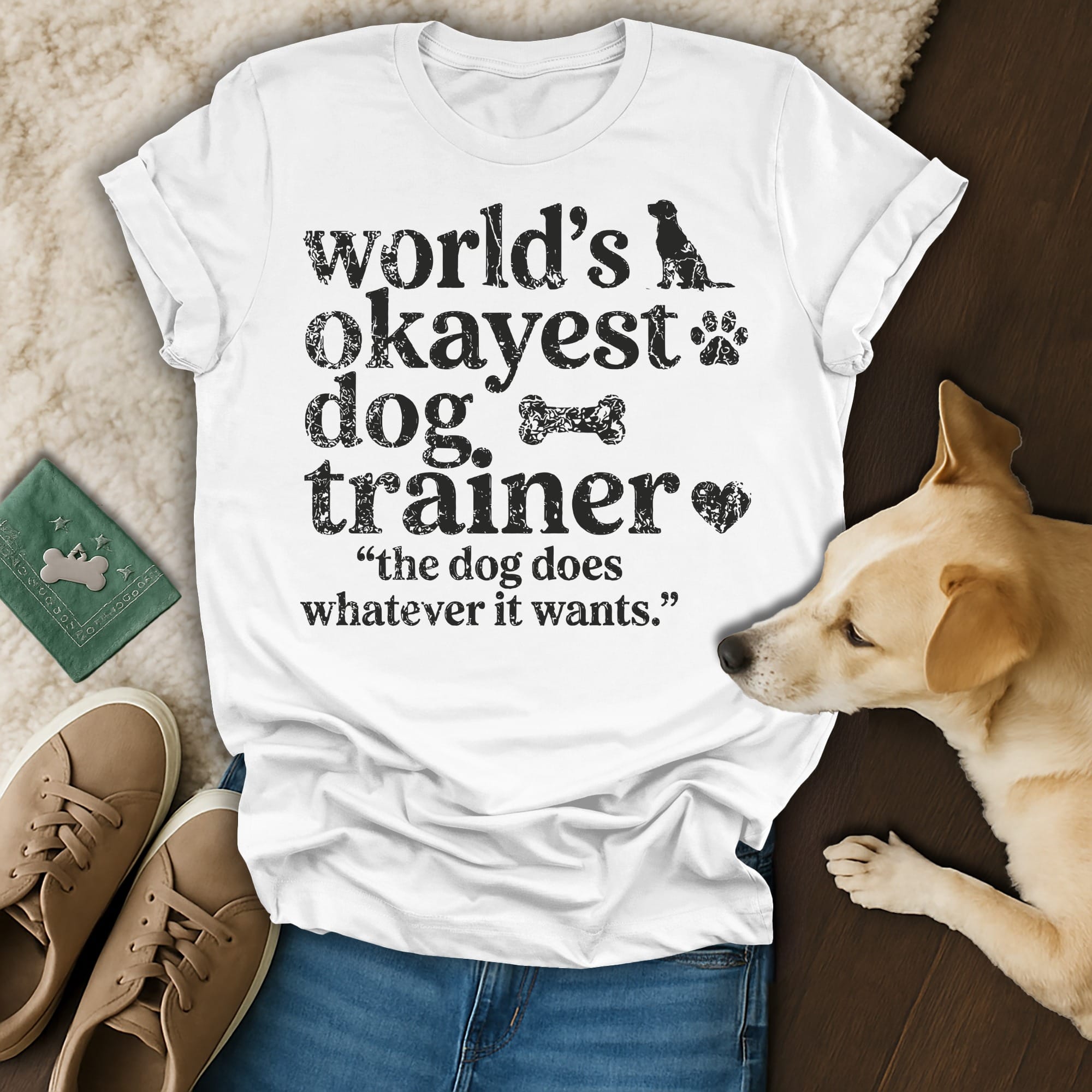 White t-shirt with "World's okayest dog trainer" and a dog graphic.