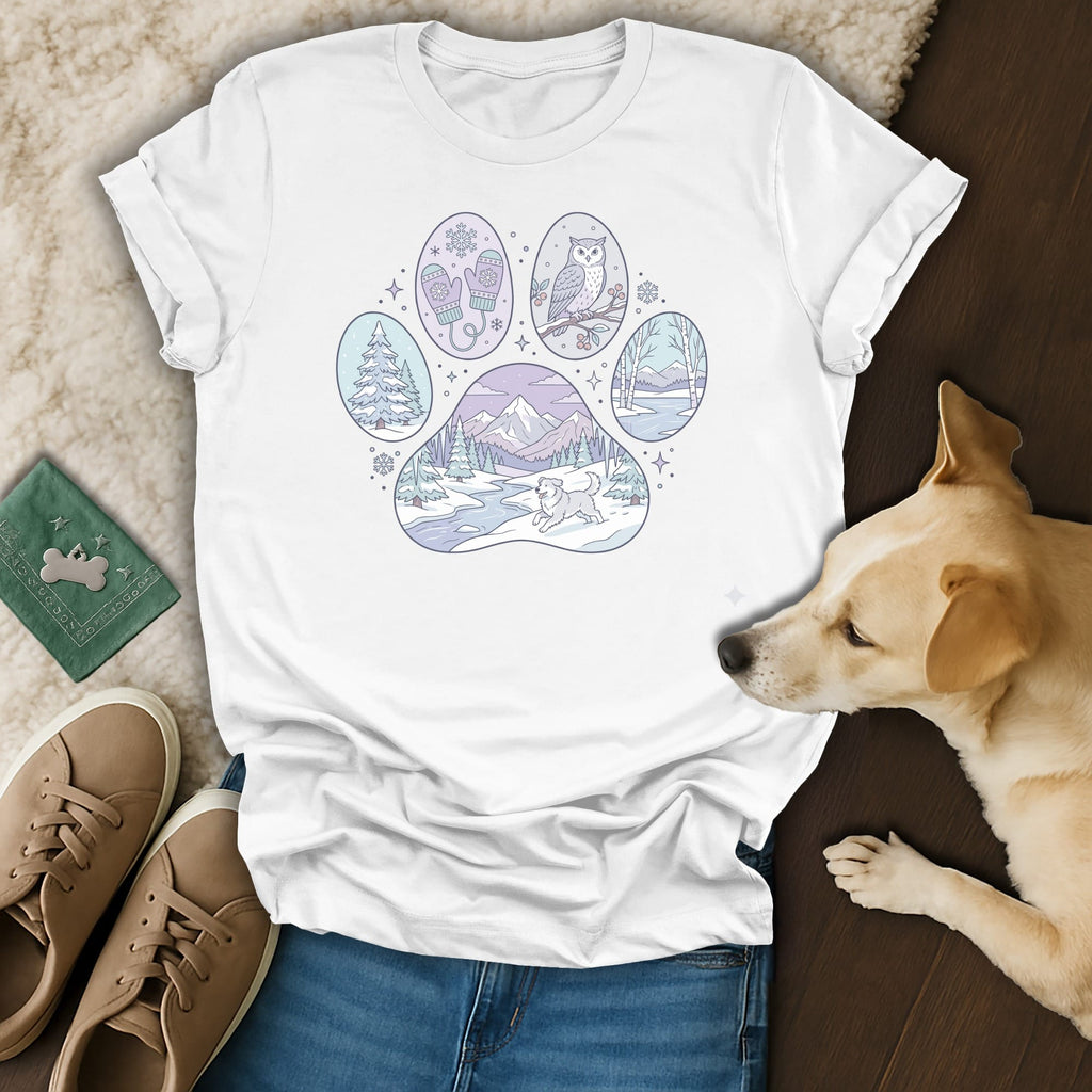 White t-shirt with a winter paw print design featuring a dog, owl, and trees.
