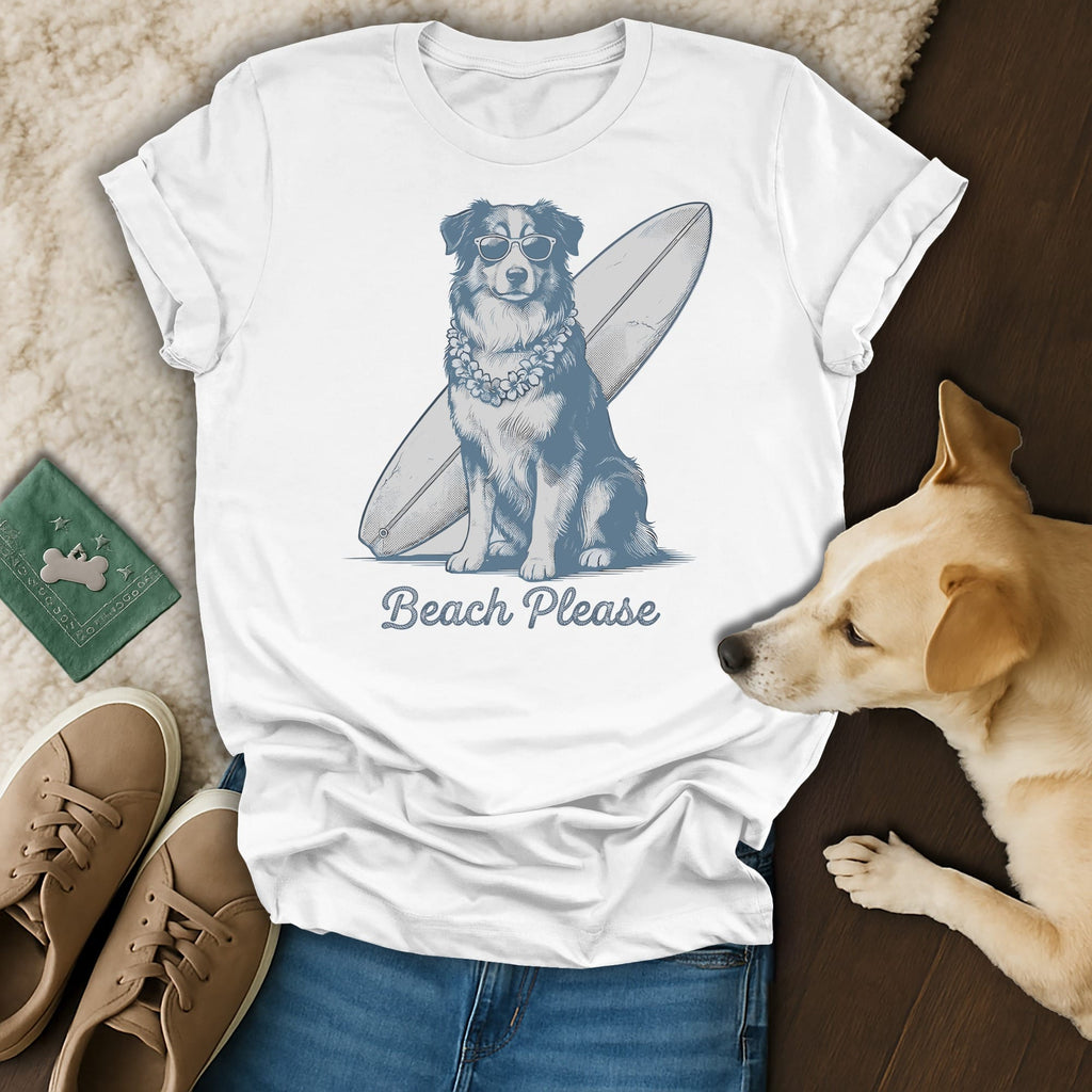 T-shirt with a dog wearing sunglasses and a lei, next to a surfboard, with "Beach Please" text.