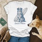 T-shirt with a dog wearing sunglasses and a lei, next to a surfboard, with "Beach Please" text.