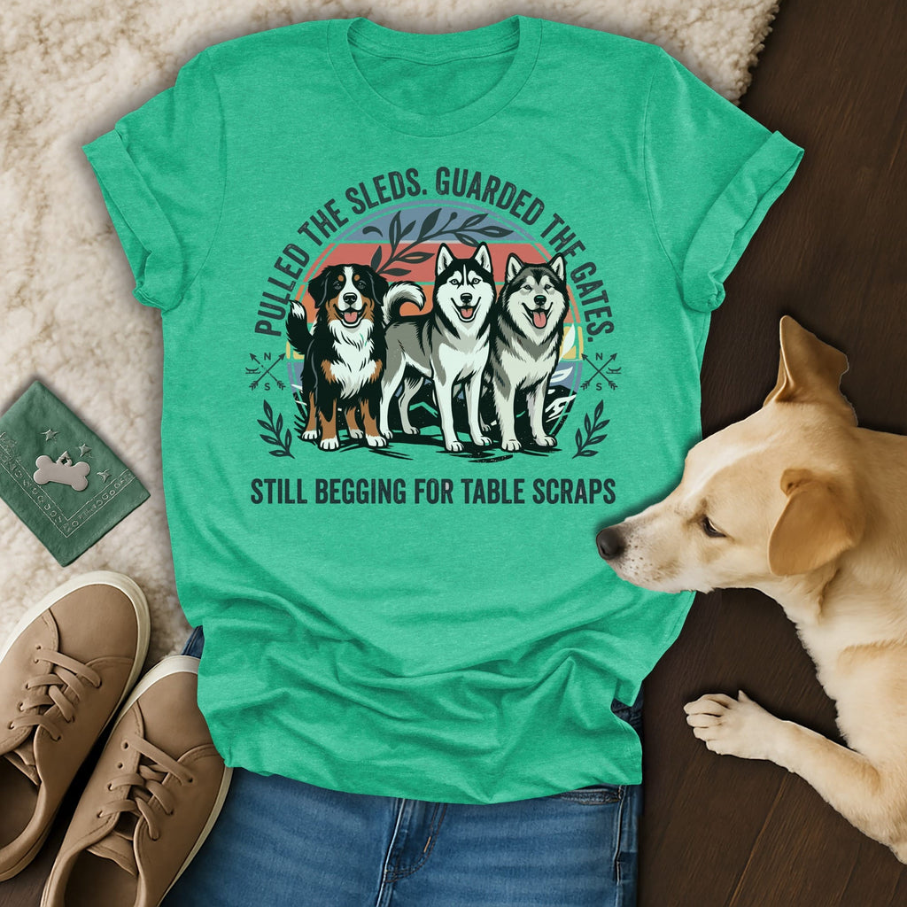 Green t-shirt with three dogs and text about sleds and table scraps.
