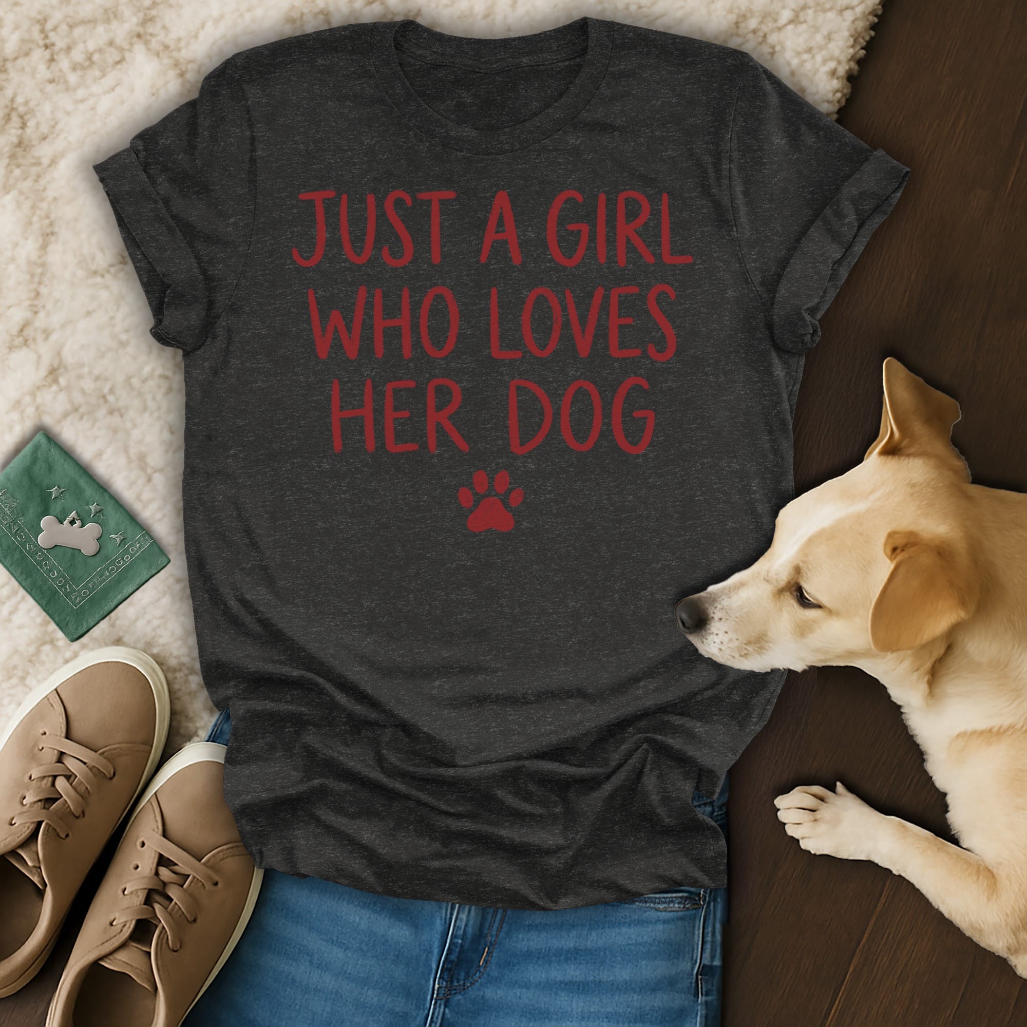 Dark grey t-shirt with red text "JUST A GIRL WHO LOVES HER DOG" and paw print.