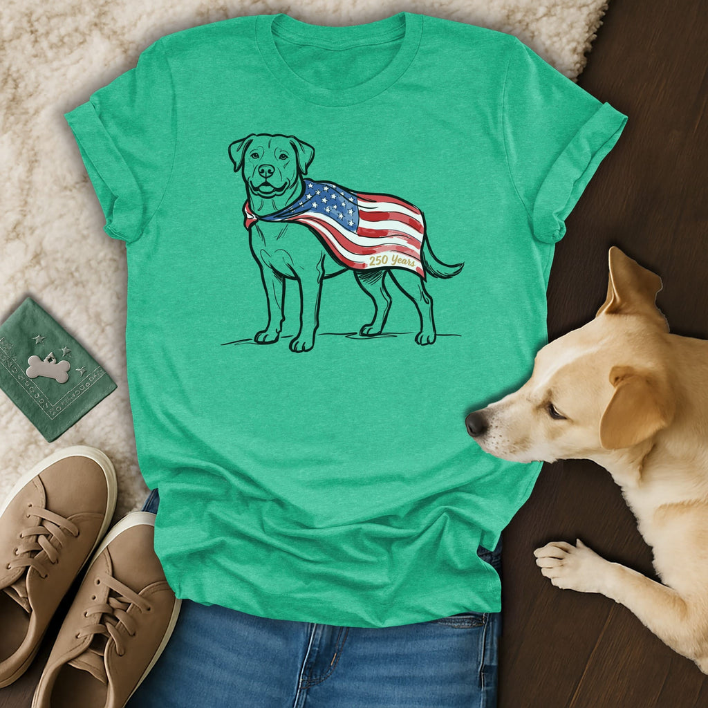 Labrador wearing American flag bandana, with dog and shoes nearby.