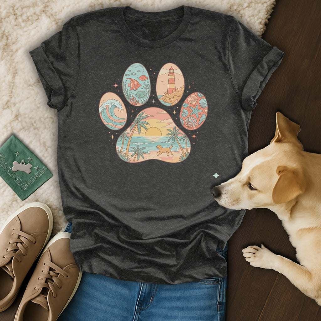Dark gray t-shirt with a colorful paw print graphic of ocean and beach scenes.