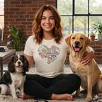 Woman with a Cavalier King Charles Spaniel and a Labrador Retriever, wearing a shirt with a heart design.