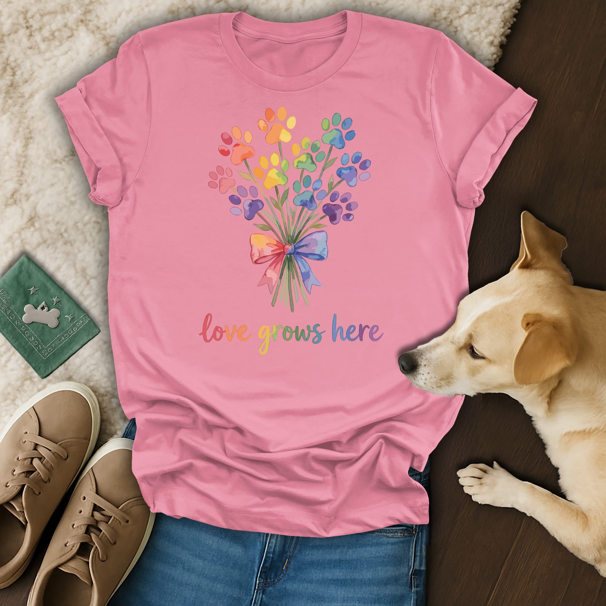 Pink t-shirt with watercolor paw print bouquet and "love grows here" text.
