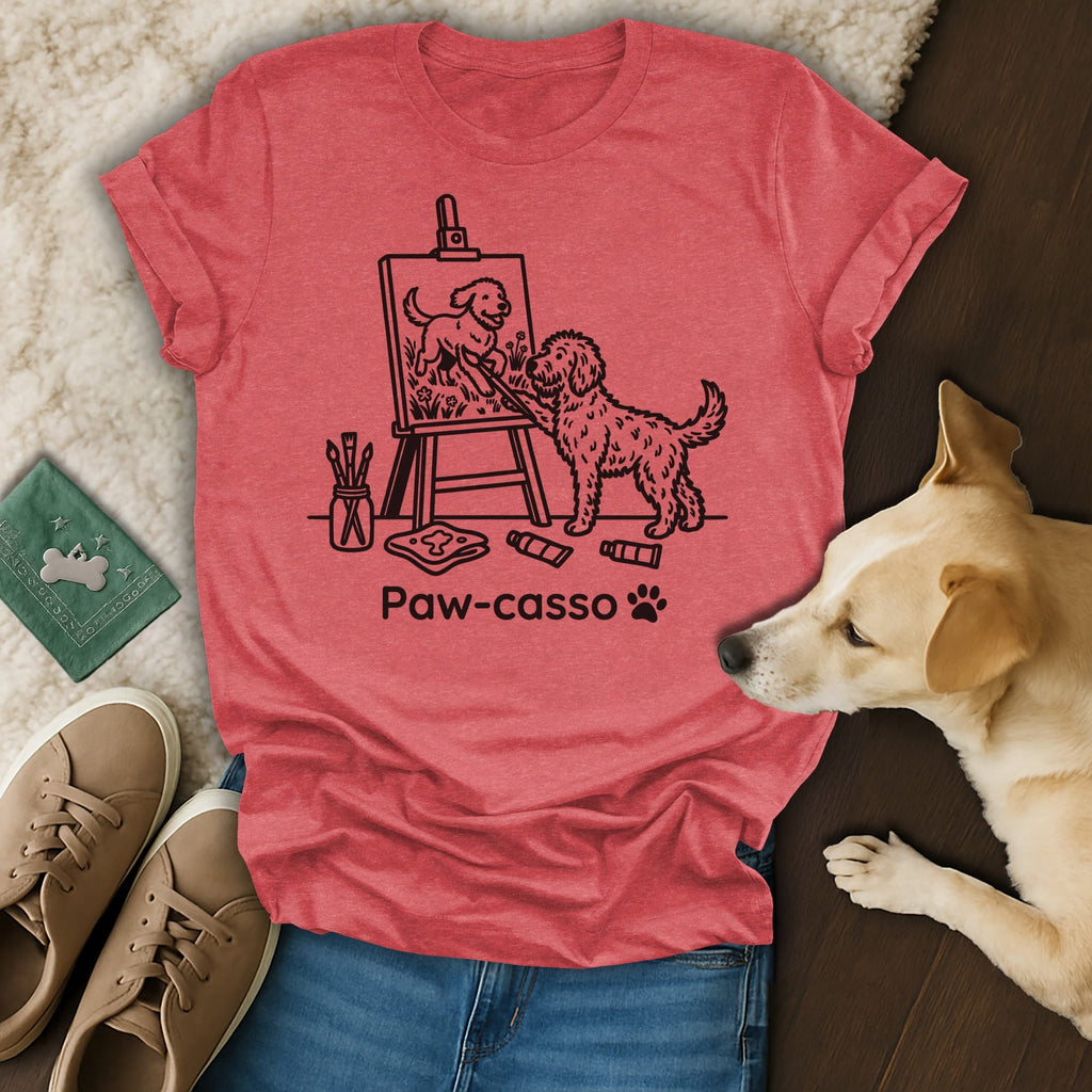 Dog painting another dog on an easel with "Paw-casso" text.