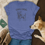 Blue t-shirt with "CHILI DOG" text and a dog wearing earmuffs and a scarf.